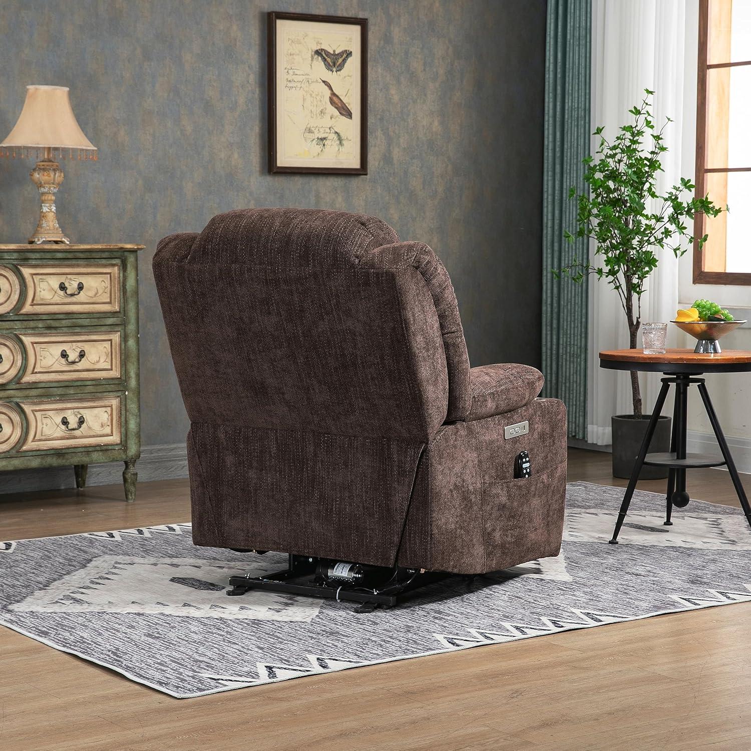 Power Lift Chair with Full-Body Massage and Heat, Electric Recliner Chairs for Adults, Remote Control, Standing Assistance, USB Ports, Stainless Steel Cup Holders, Chenille Brown