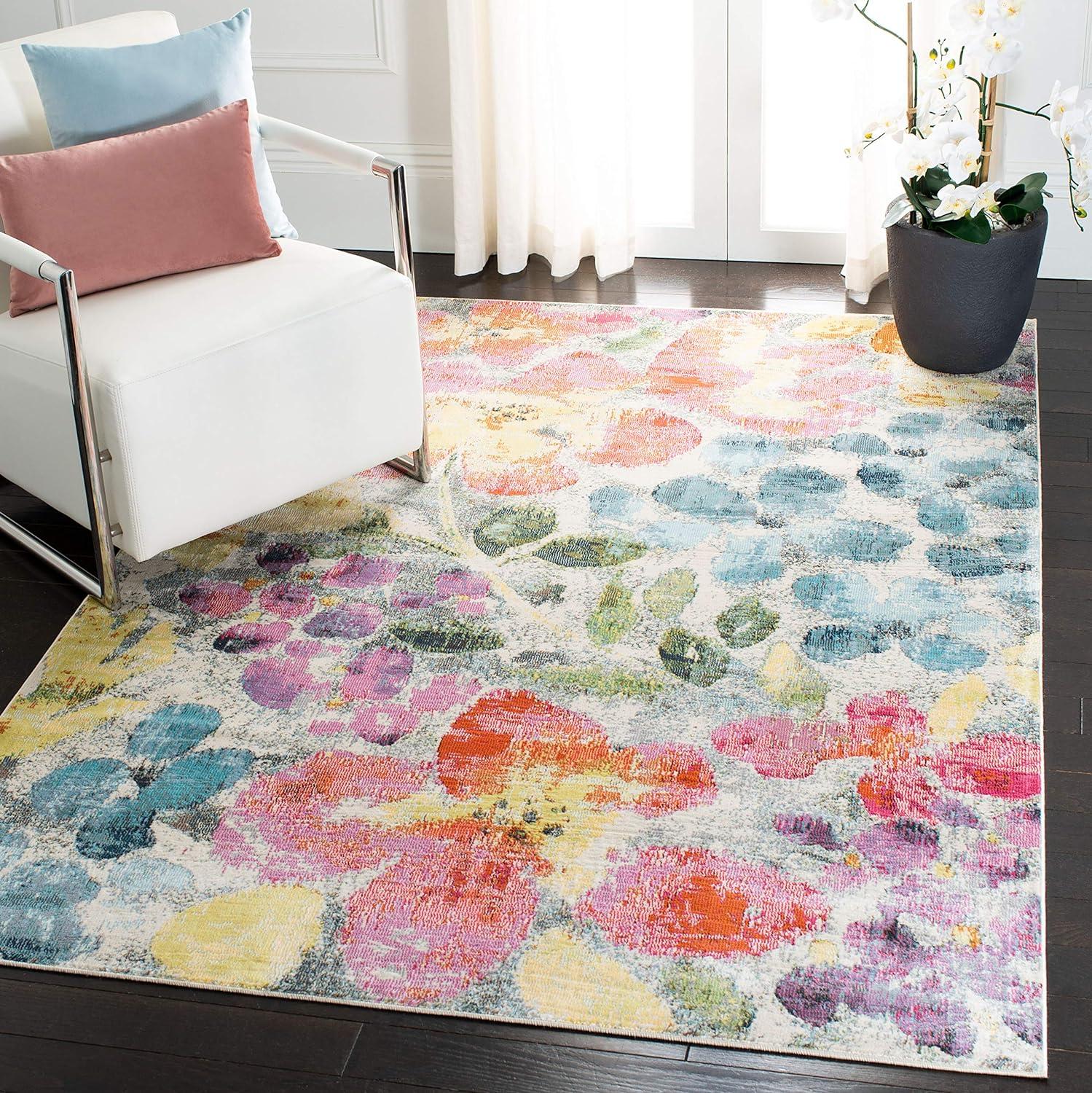 Lillian Dreamy Floral Blue and Yellow 3' Square Synthetic Area Rug