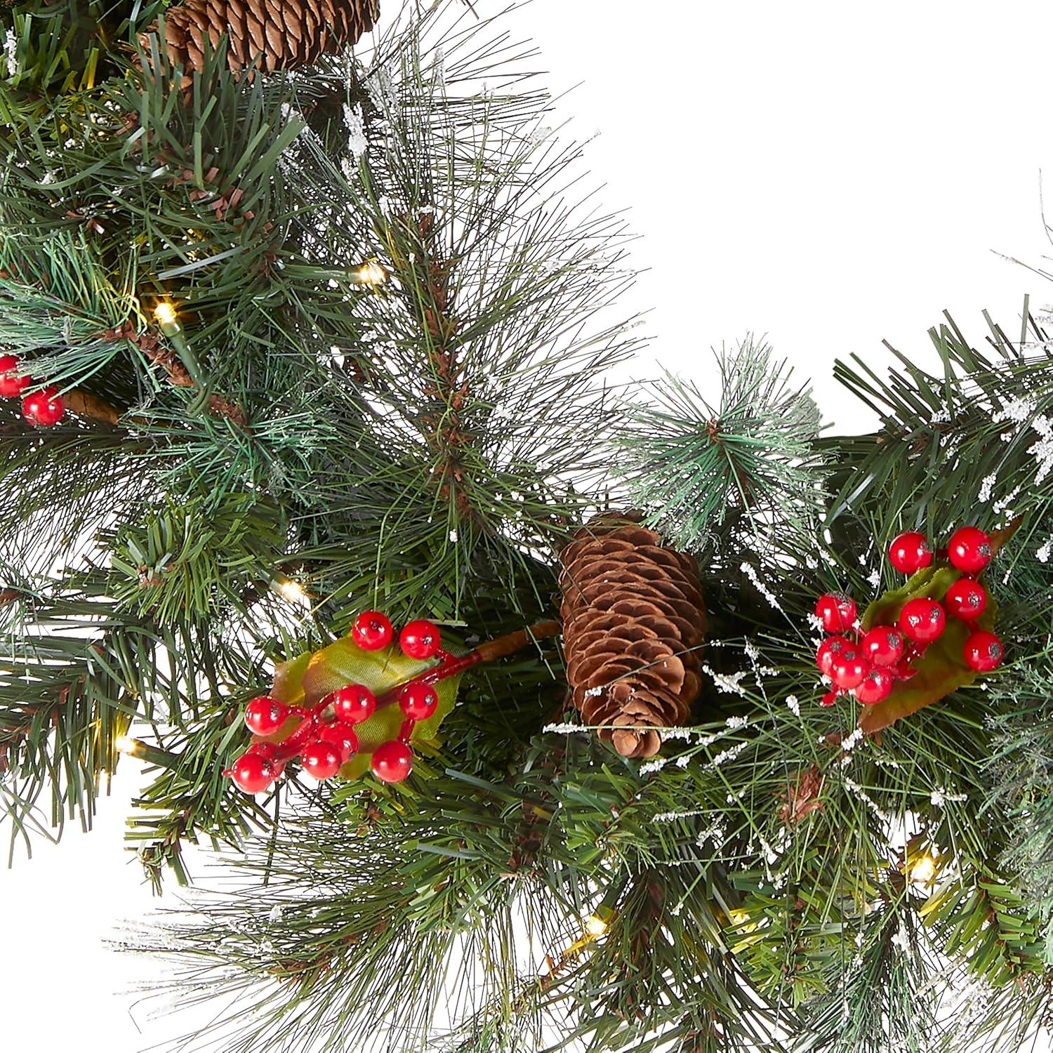 24" Prelit Wintry Pine Christmas Wreath with Cones and Berries White Lights - National Tree Company