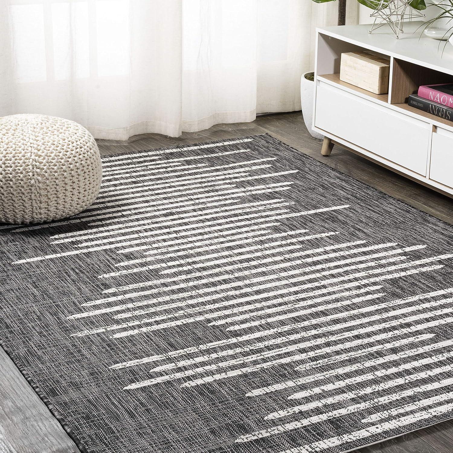 3'x5' Zolak Berber Stripe Geometric Indoor/Outdoor Area Rug, Black/Ivory - JONATHAN Y