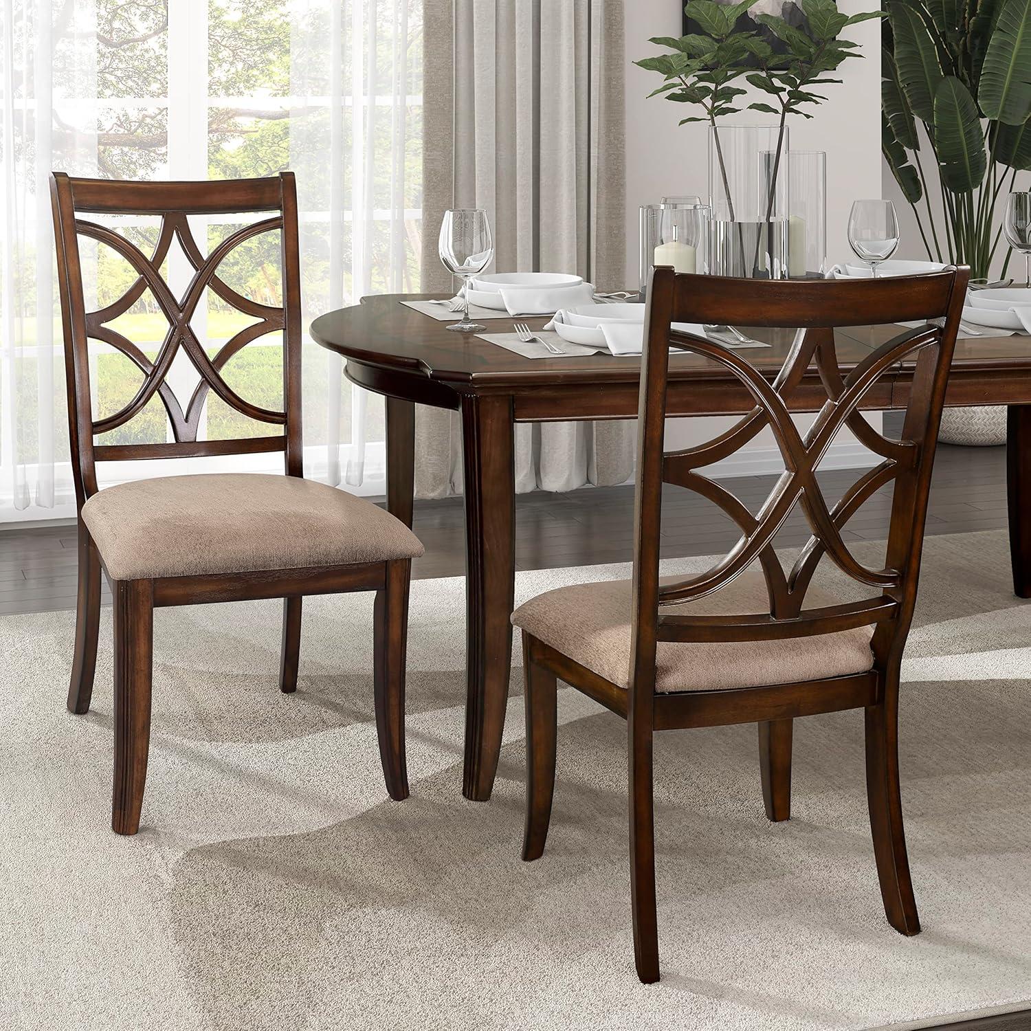Solid Wooden Side Chair With Beige Fabric Seat, Cherry Brown and Beige (Set Of 2)- Saltoro Sherpi