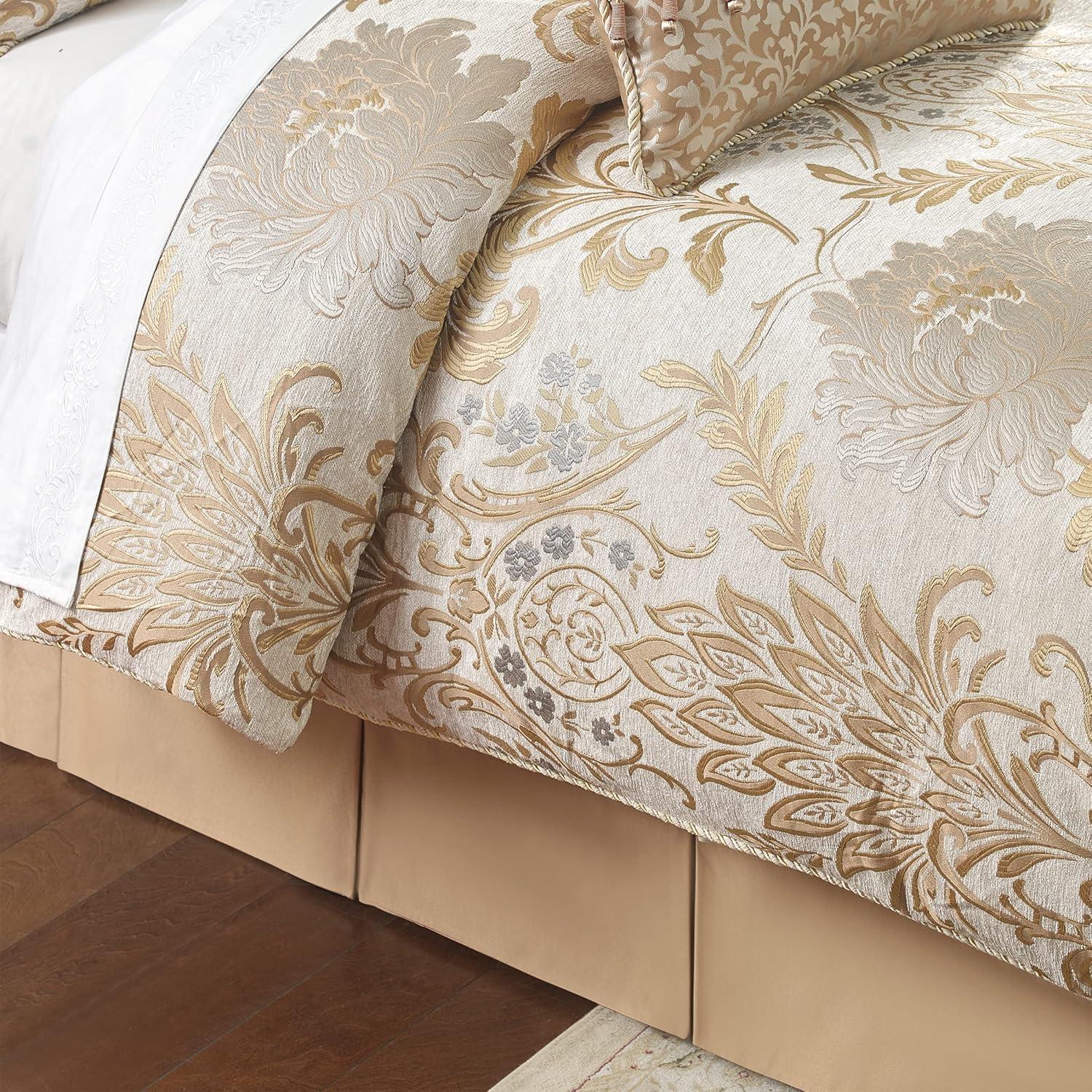 Ivory and Gold Damask Queen Comforter Set with Fringe Trim