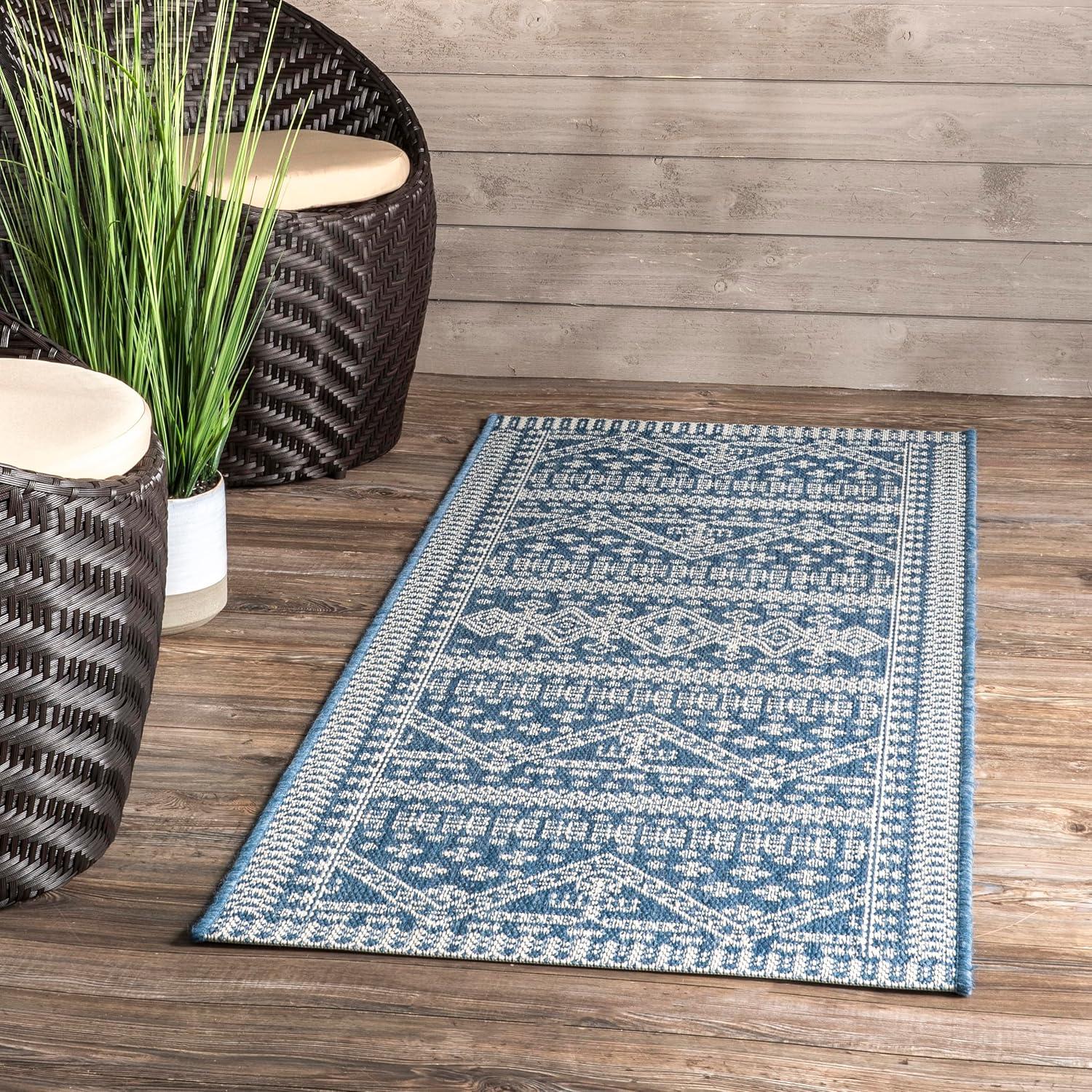 Kandace Blue and White Synthetic Outdoor Runner Rug