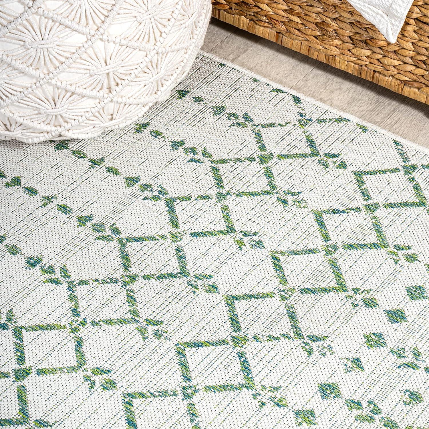 2' x 10' Ourika Moroccan Geometric Textured Weave Indoor/Outdoor Runner Rug, Green/Ivory - JONATHAN Y