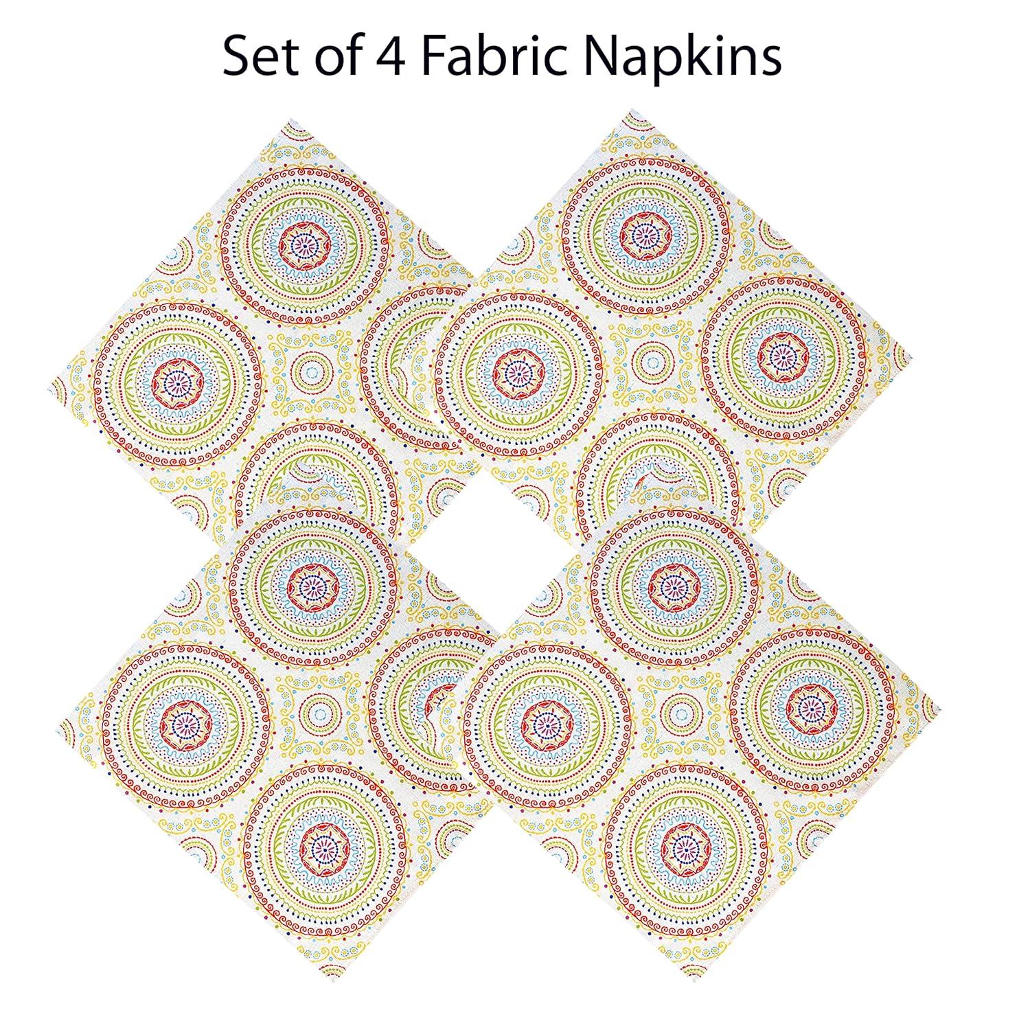 Newbridge 70 Inch Round Fabric Tablecloth, Coral and Green Circle Stitch, Indoor Outdoor No Iron Soil Resistant Dining Room, Party and Banquet Table Cover, Modern Boho Chic Print