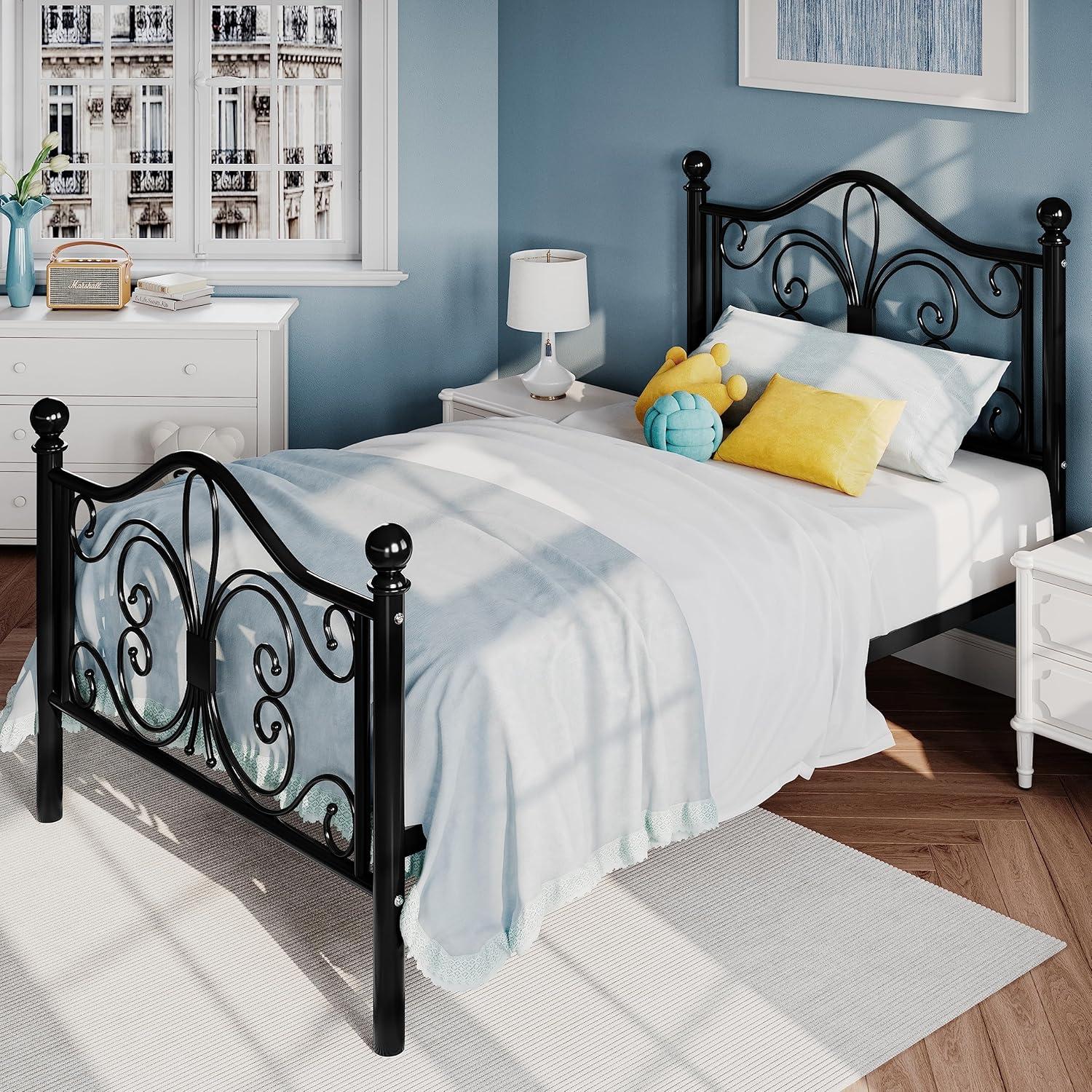 SHA CERLIN Twin Size Bed Frame for Kids,Metal Bed Frame with Butterfly Pattern Design Headboard & Footboard,No Box Spring Needed,Easy Assembly,White