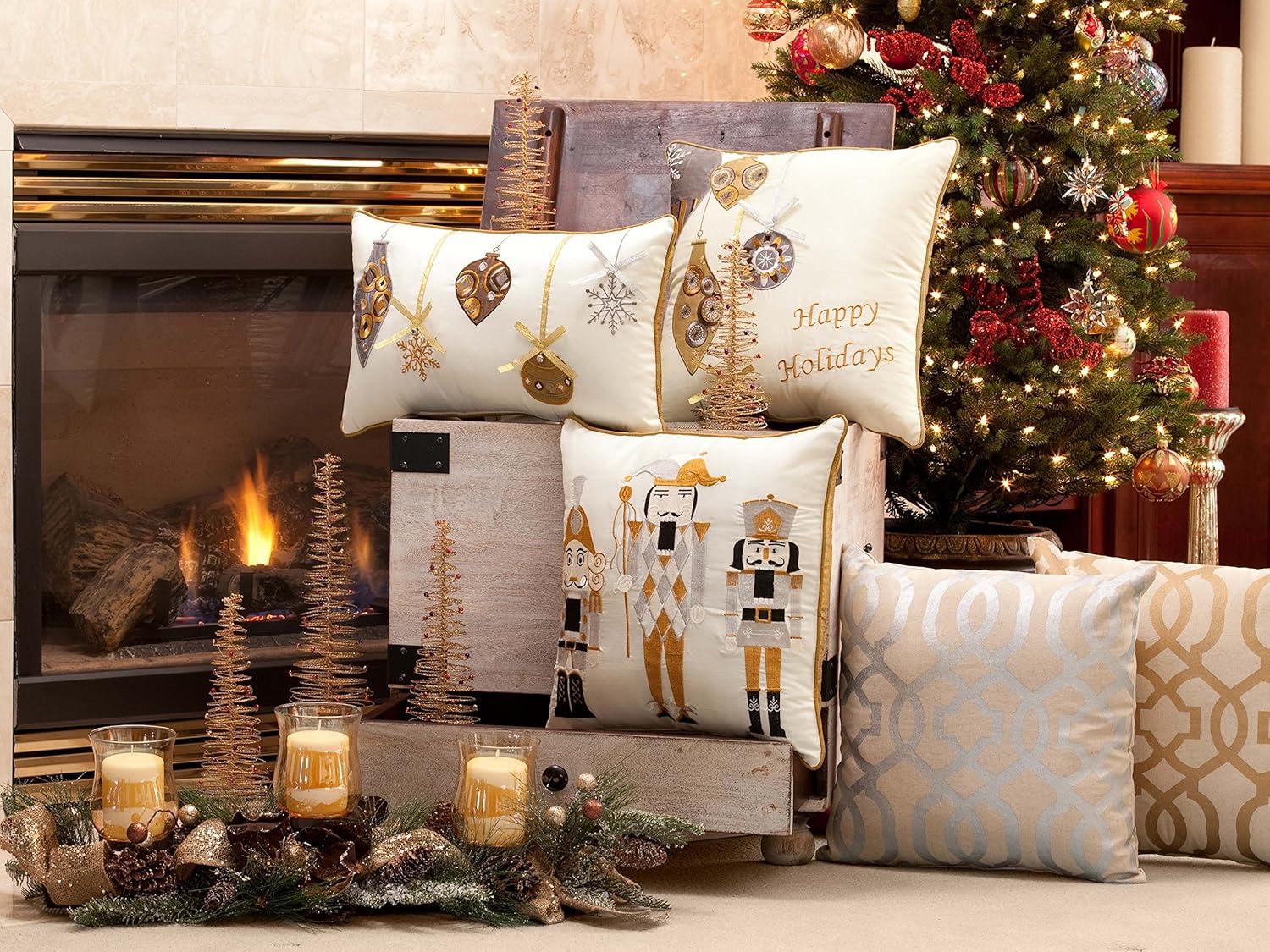 16.5"x16.5" Indoor Christmas Nutcrackers Square Throw Pillow White/Gold - Pillow Perfect: Embroidered, Festive Decor