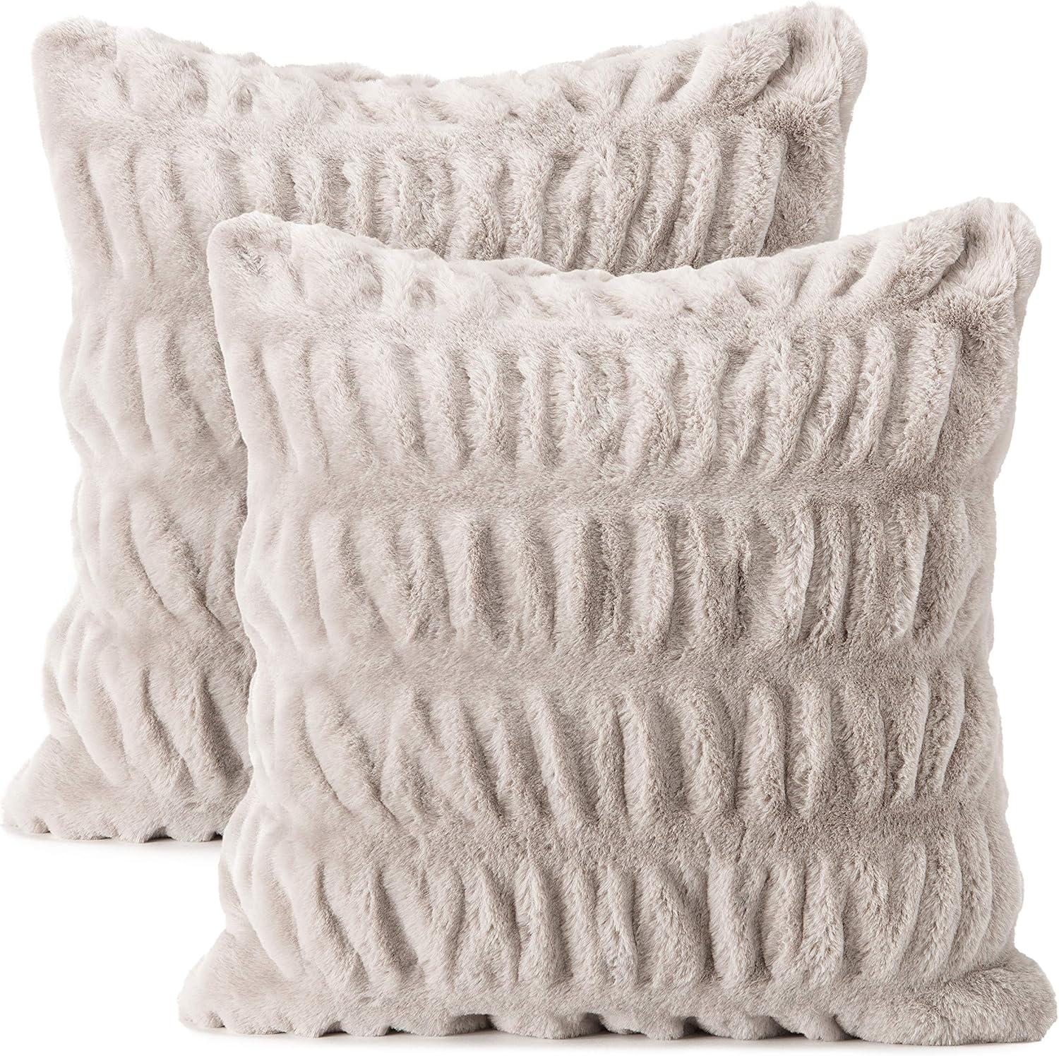 Chanasya 2-Piece Ruched Royal Faux Fur Pillow Cover Set - Fuzzy Plush Elegant Throw Pillow for Sofa Chair Couch and Bed with Reversible Velvet (18x18 Inches) Taupe