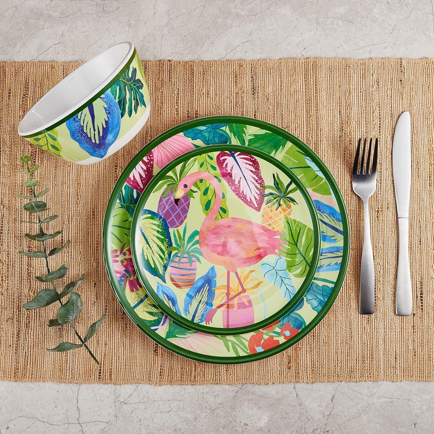 Flamingo Fling 12-Piece Multicolor Melamine Dinnerware Set