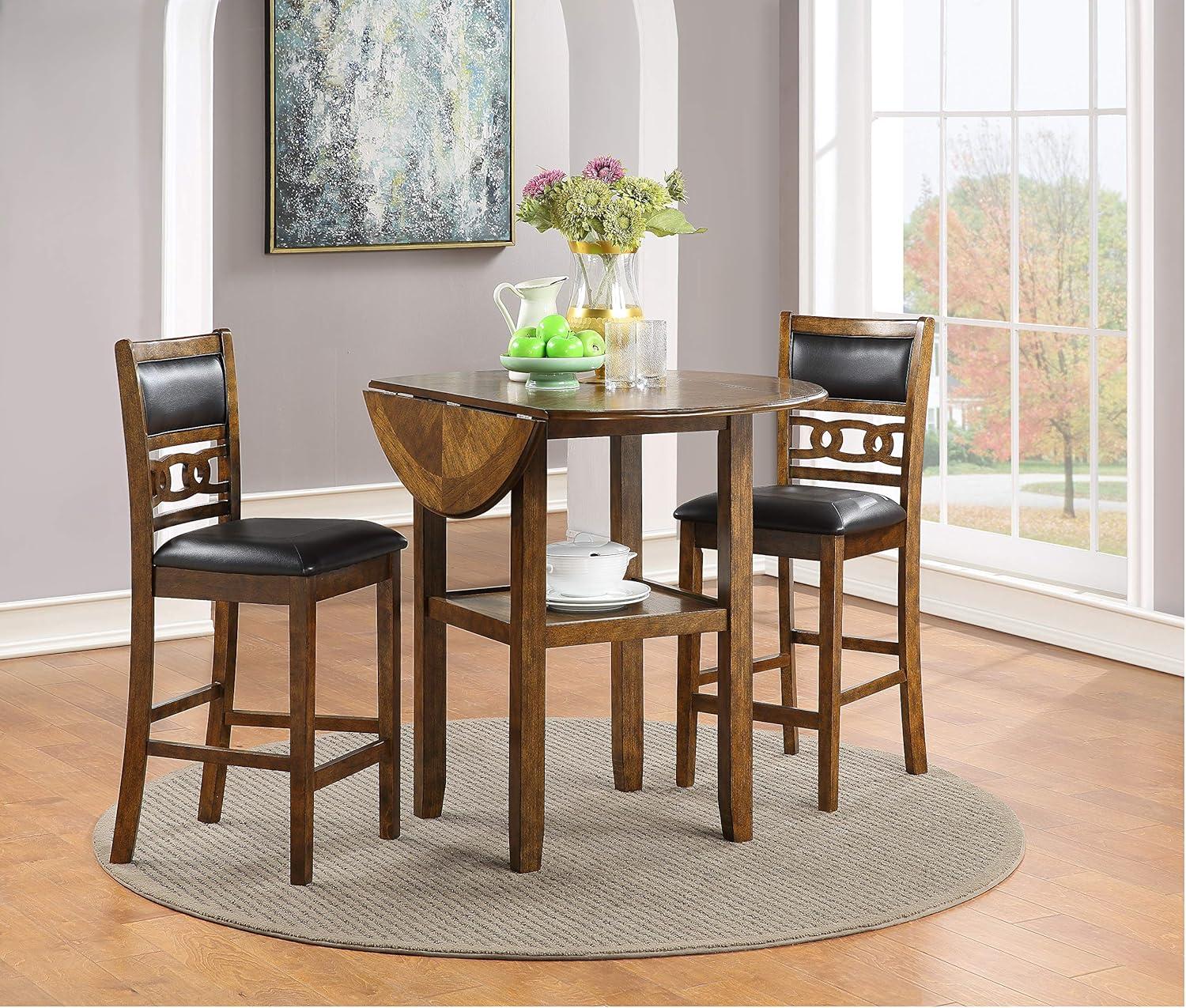 Brown Rubberwood Drop Leaf Counter Table Set with Black Upholstered Chairs