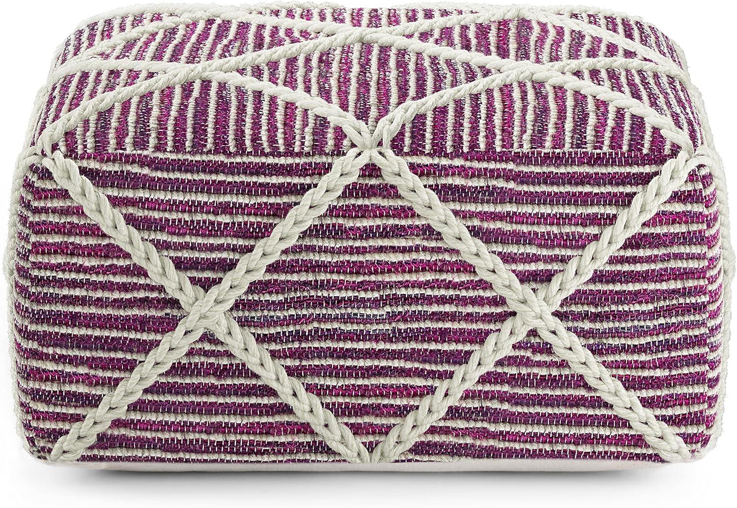 TJUNBOLIFE Cowan 20 Inch Contemporary Square Pouf in Magenta and Natural Handloom Woven  For the Living Room  Bedroom and  Room