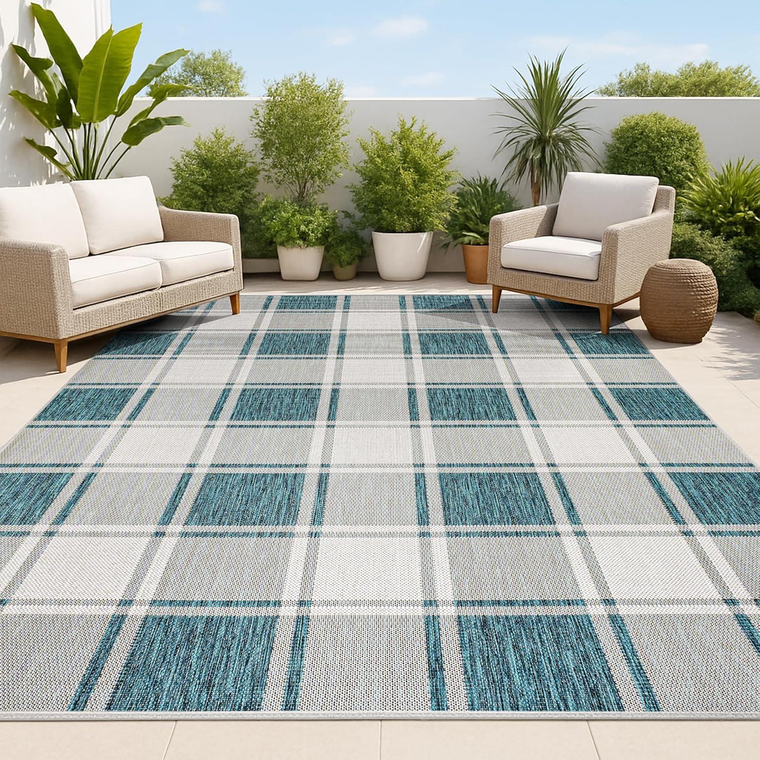 Sabine Traditional Farmhouse Bold Gingham Turquoise/Cream 8 ft. x 10 ft. Indoor/Outdoor Area Rug