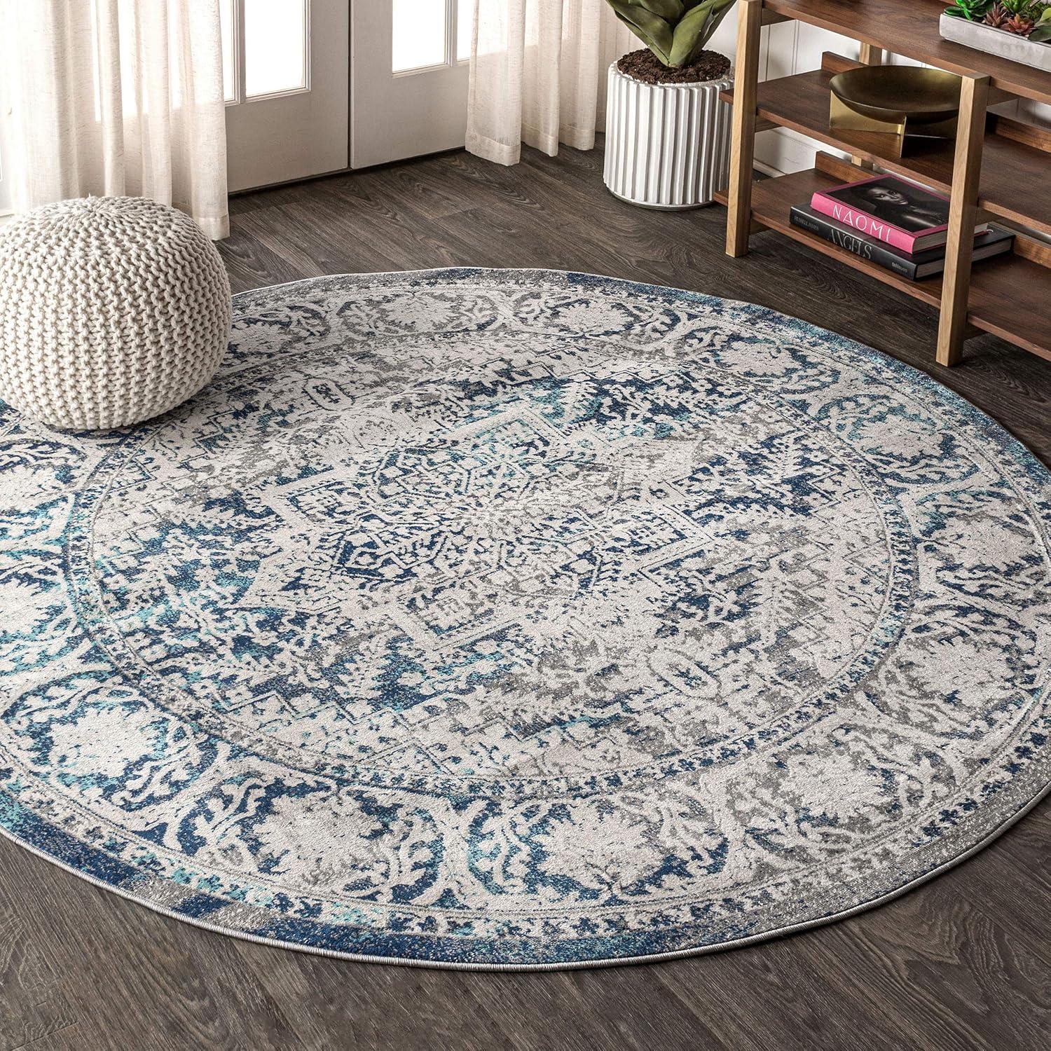 6' round Modern Vintage Medallion Area Rug, Navy /Light Grey - JONATHAN Y