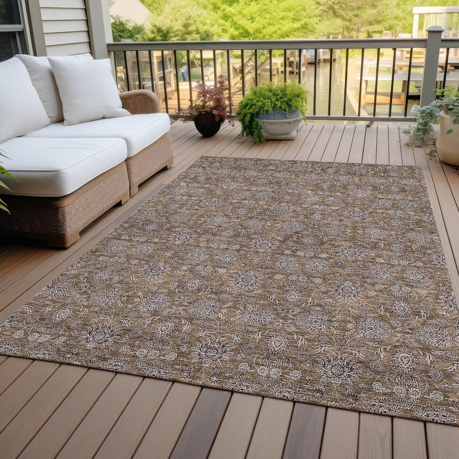 Chocolate Floral Patterned Synthetic Indoor/Outdoor Rug 5' x 7'