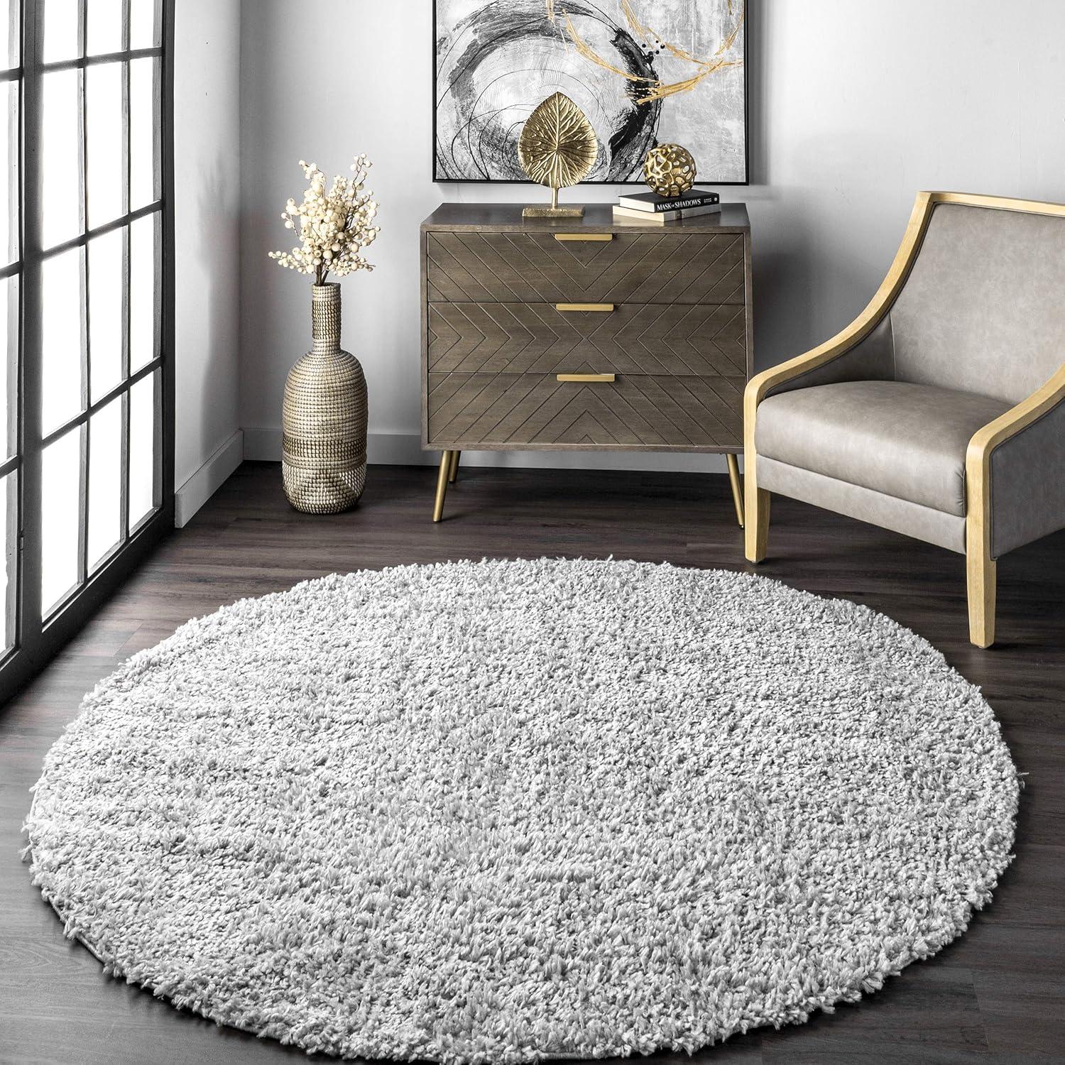 Nuloom Kara Solid 8 Round Shag Indoor Area Rug for Living Room Bedroom Dining Room Nursery, Grey/Ivory