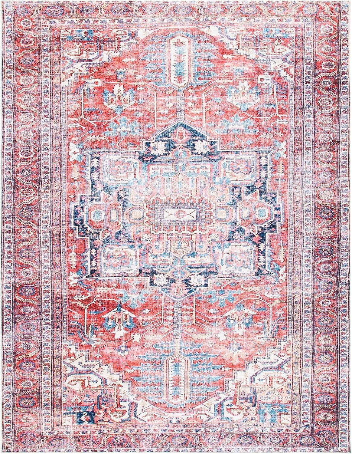 SAFAVIEH Serapi Doncho Traditional Machine Washable Area Rug, Red/Navy, 10' x 14'