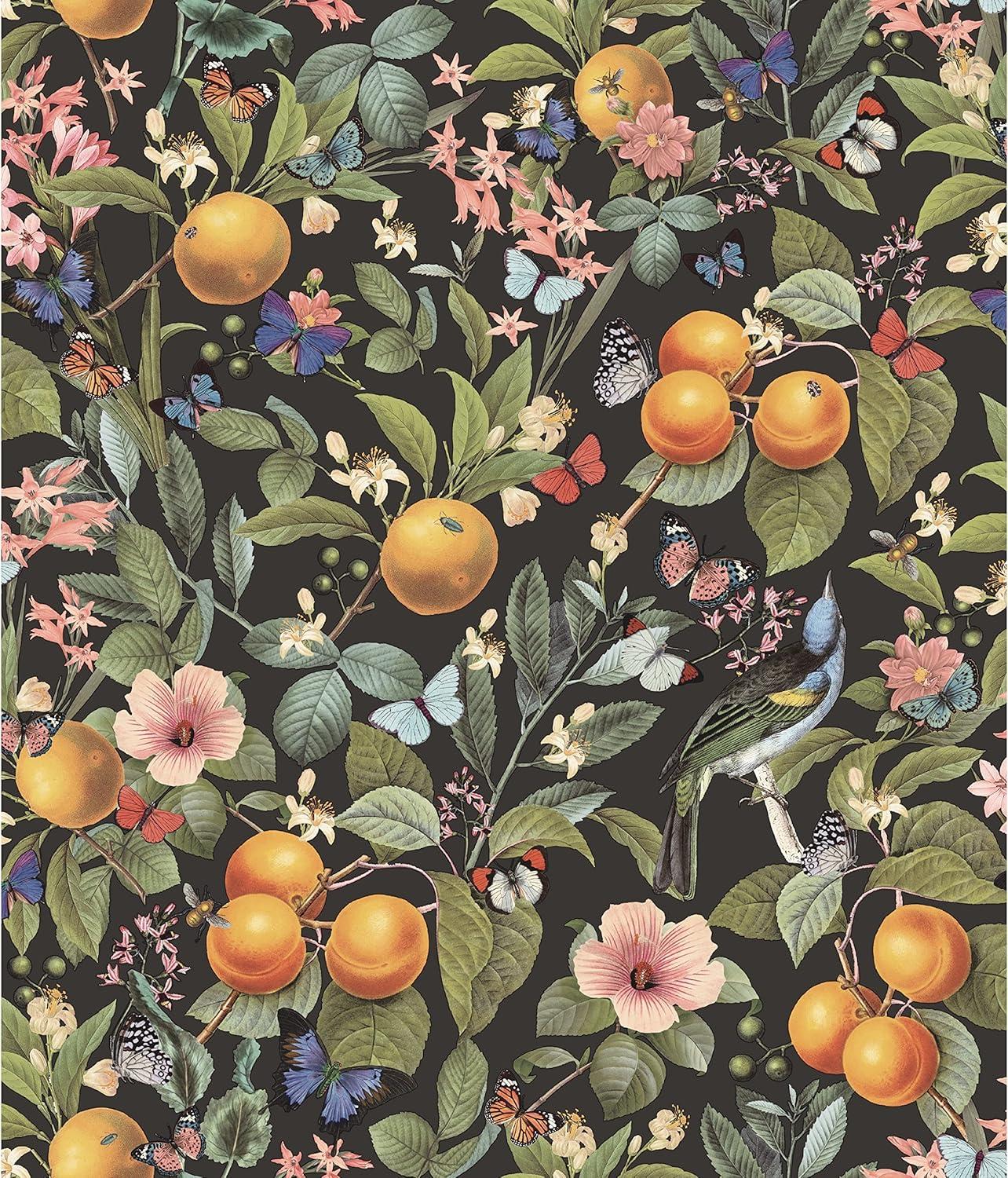 RoomMates Citrus Green Peel and Stick Wallpaper: Removable Adhesive Botanical Floral & Fruit Design, Farmhouse Style, 30.75 Sq Ft Coverage