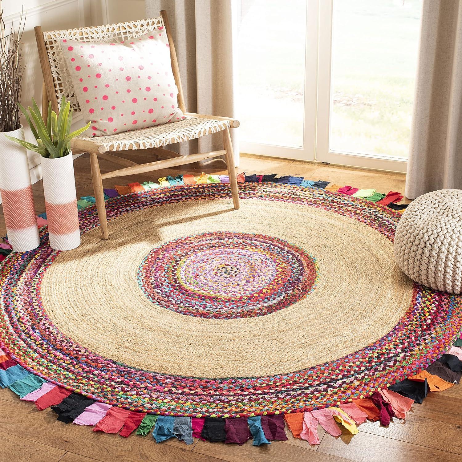 SAFAVIEH Cape Cod Susan Braided with Fringe Area Rug, 3' x 3' Round, Multi/Natural