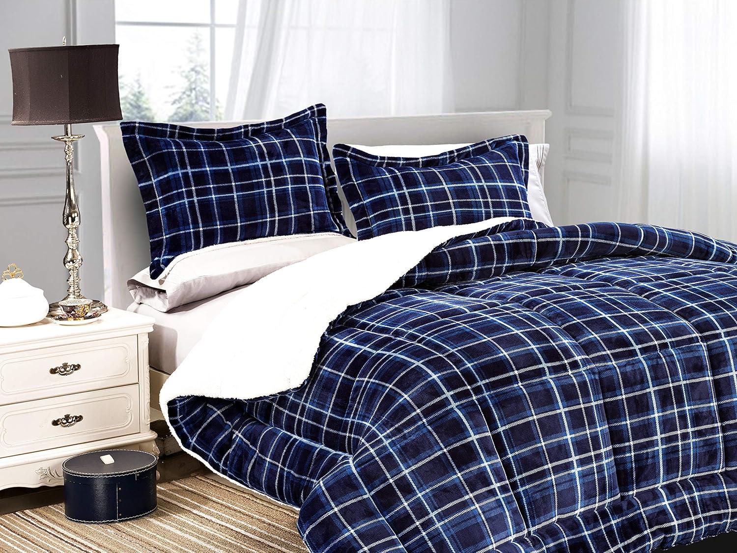 Mocassi Heavy Weight Plaid Pattern 3PC Comforter Set - Micromink Sherpa-Backing, Down Alternative Micro-Suede, 3-Piece Comforter Set, Full/Queen, Navy