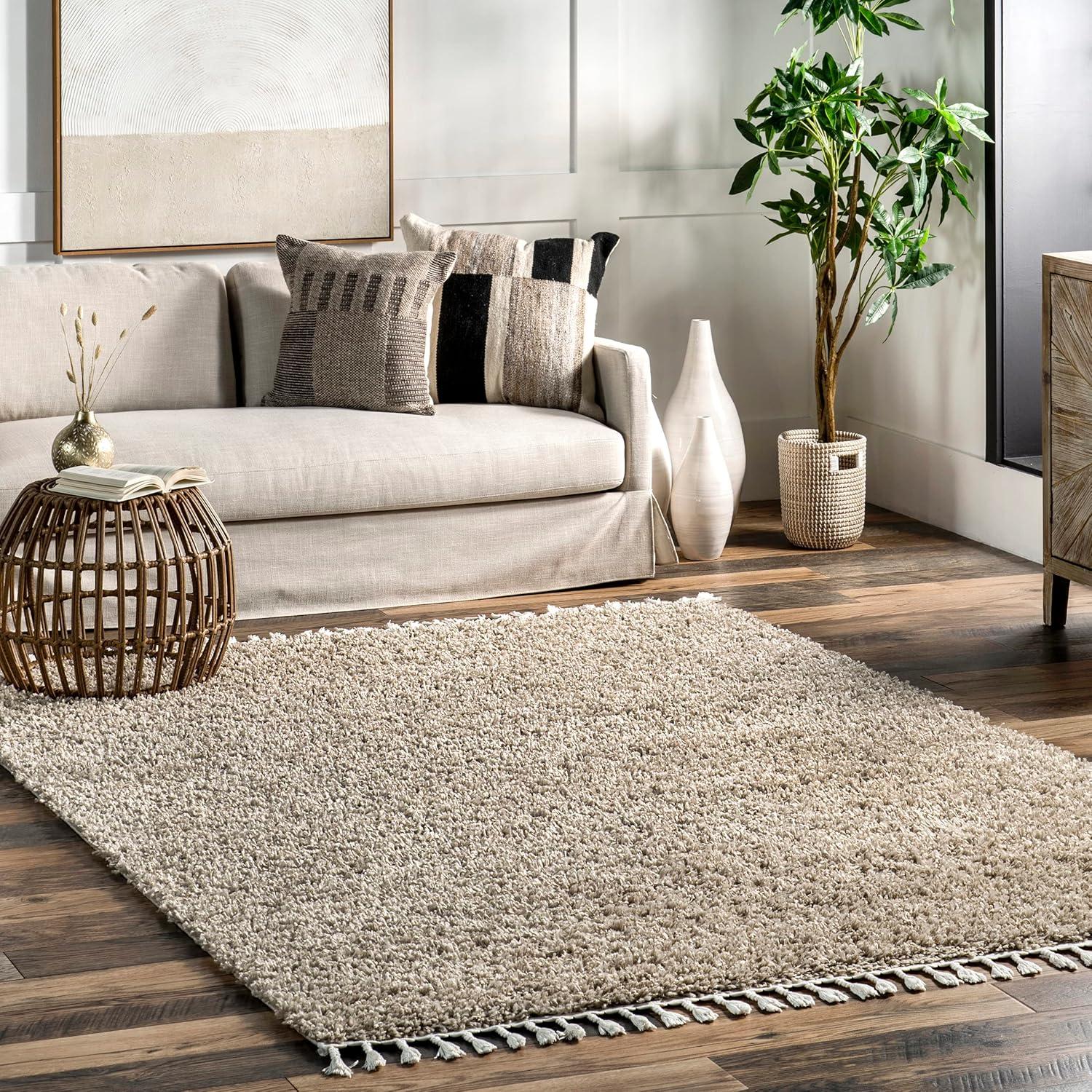 Braided Beige Rectangular Shag Area Rug with Tassels