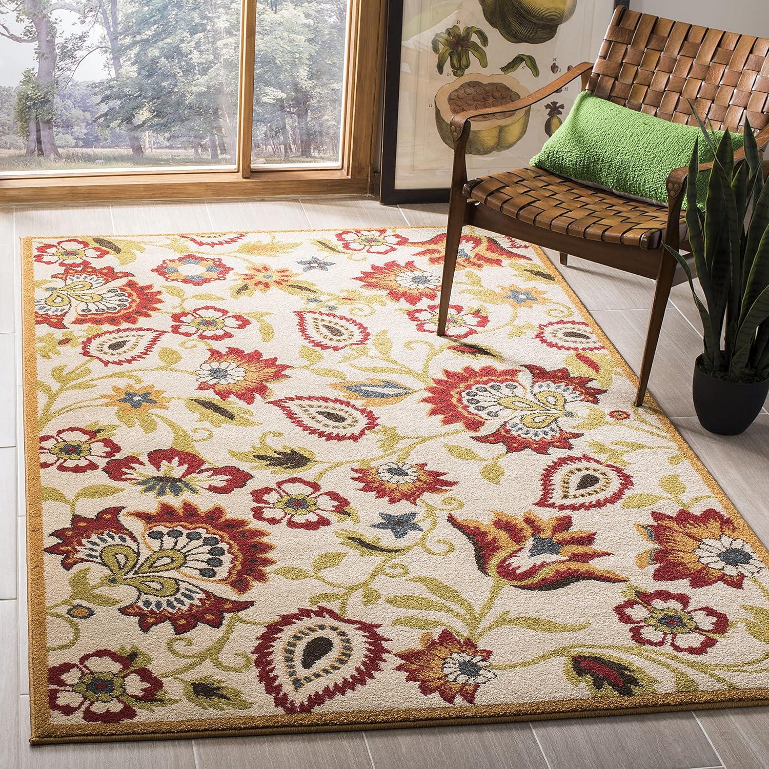 Ivory and Gold Floral Synthetic 3' x 5' Rug