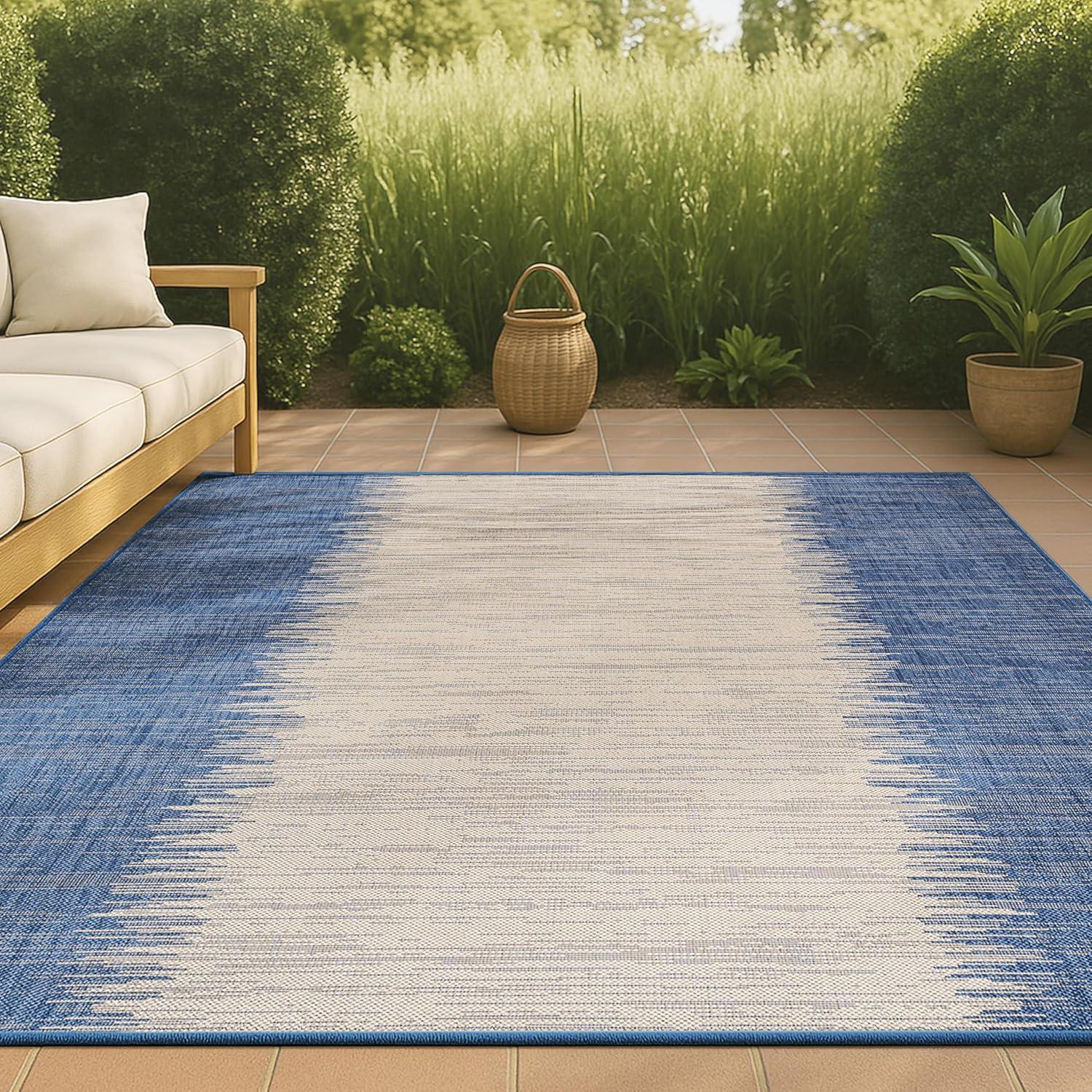4'x6' Tavira Modern Strie' Indoor/Outdoor Area Rug, Blue/Beige - JONATHAN Y