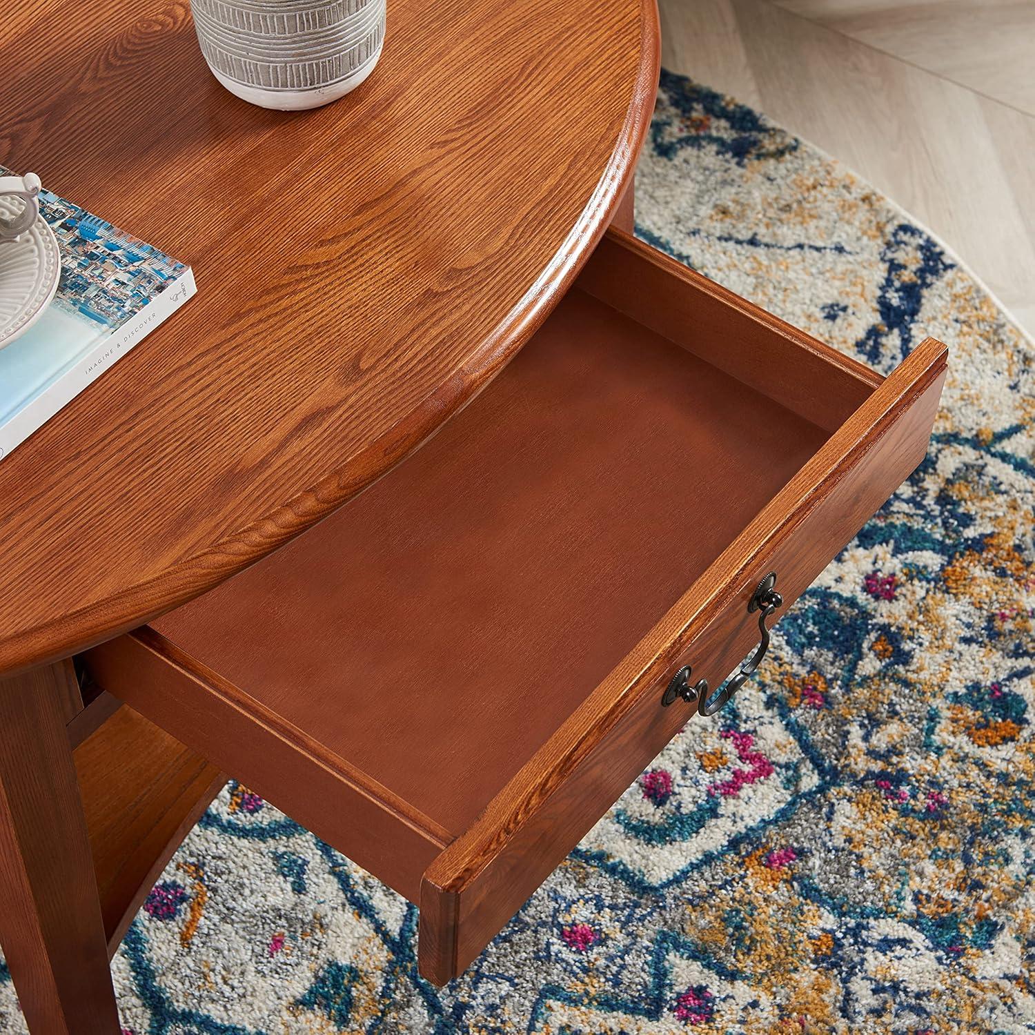 Medium Oak Oval Wood Coffee Table with Storage Drawer