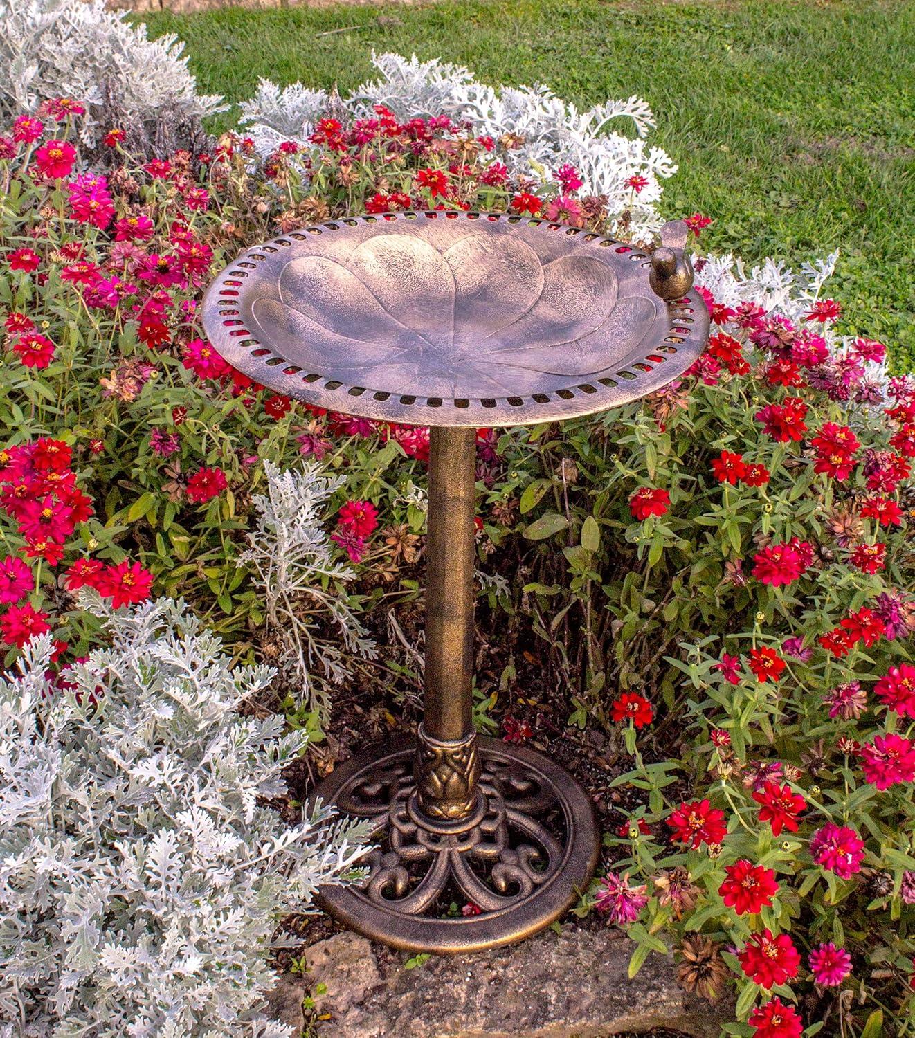 Antiqued Bronze Resin Bird Bath with Decorative Bird Attachment