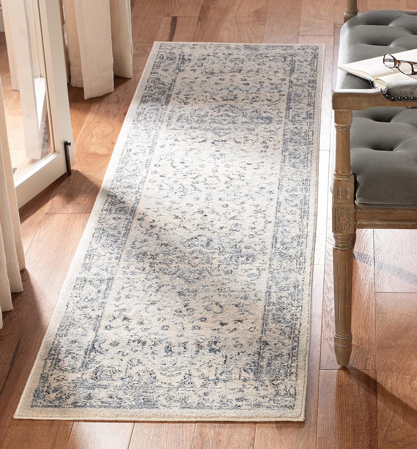 Ivory and Navy Synthetic Floral Runner Rug, 2' x 16'