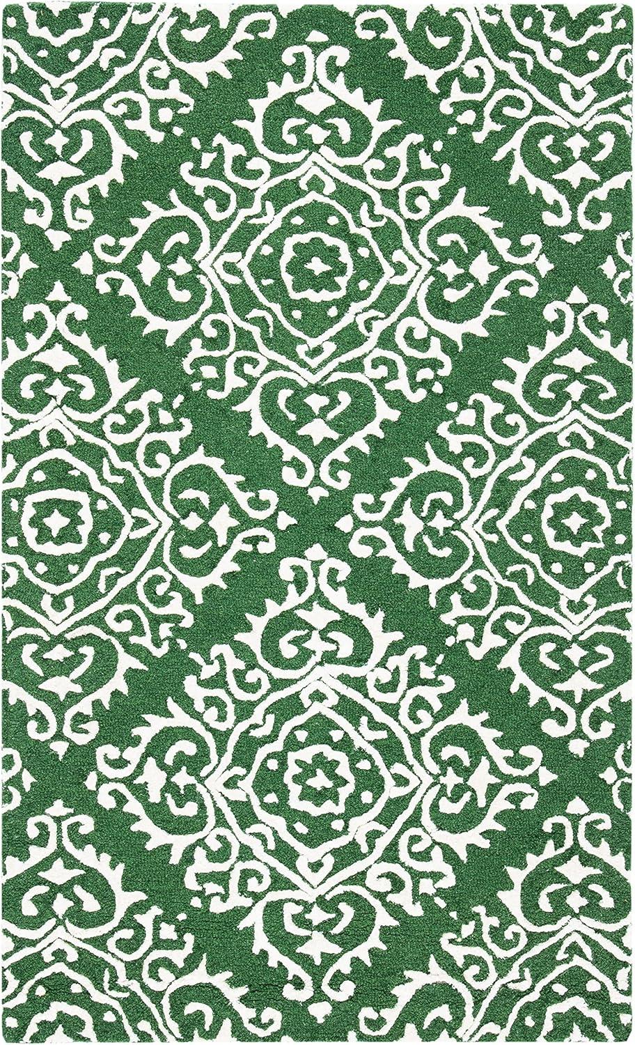 Ivory and Green Hand-Tufted Wool Rectangular Rug