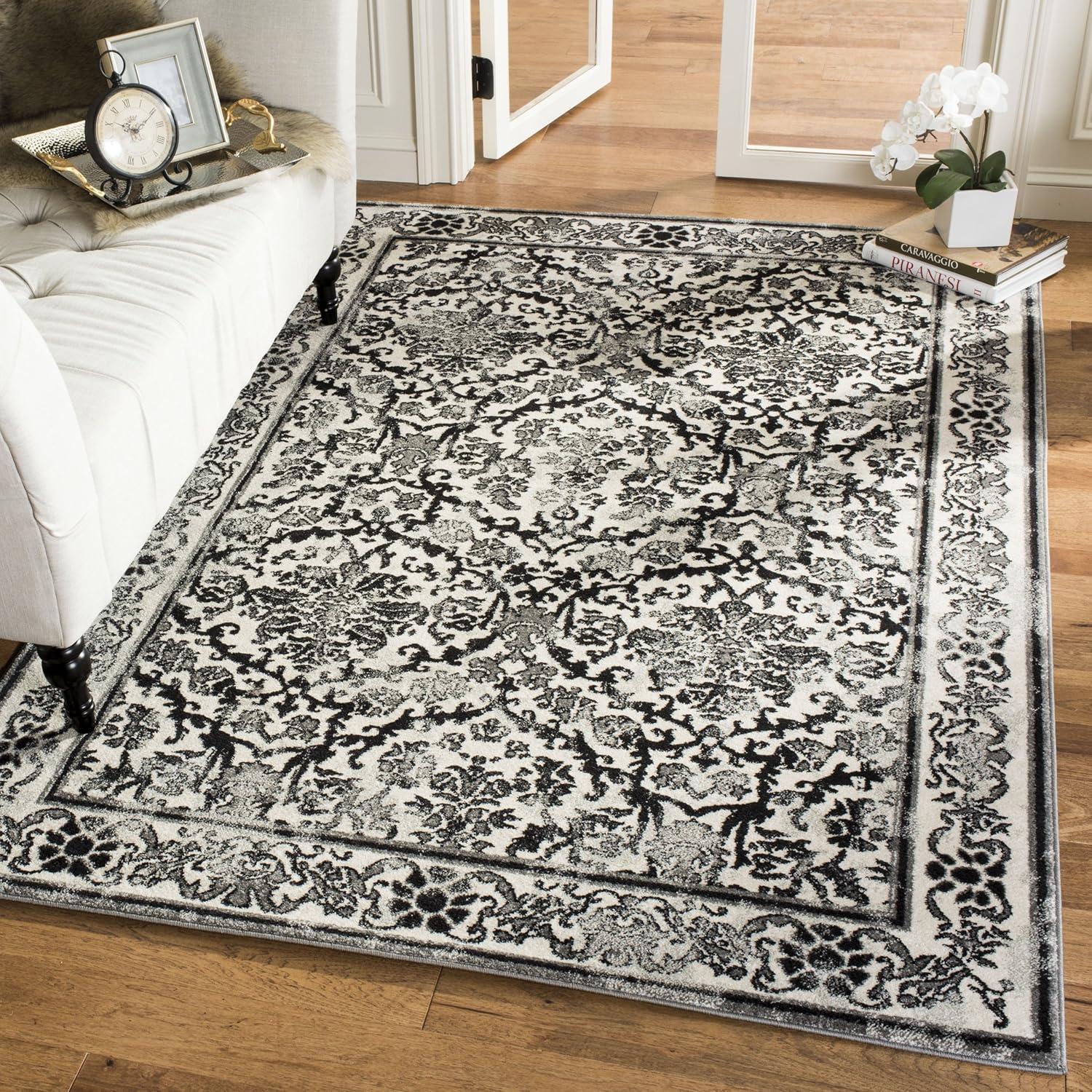 Ivory and Gray Floral Synthetic Reversible Area Rug, 9' x 12'