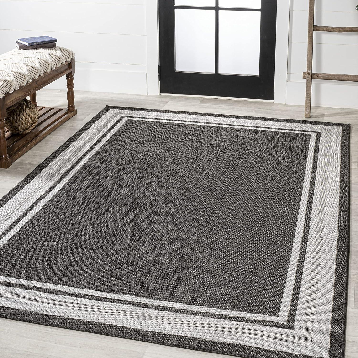 5' x 8' James Modern Border Stripe Indoor/Outdoor Area Rug, Black/Cream - JONATHAN Y