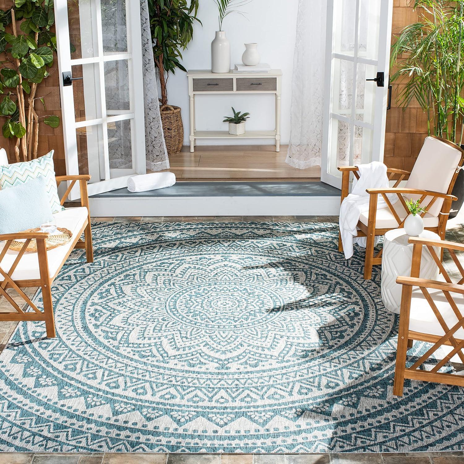 Light Grey and Teal Square Synthetic Indoor/Outdoor Rug