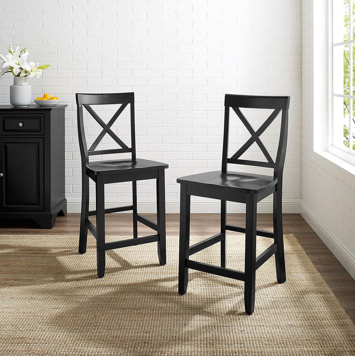 Black Wood Crossback Counter Stools with Tapered Legs, Set of 2