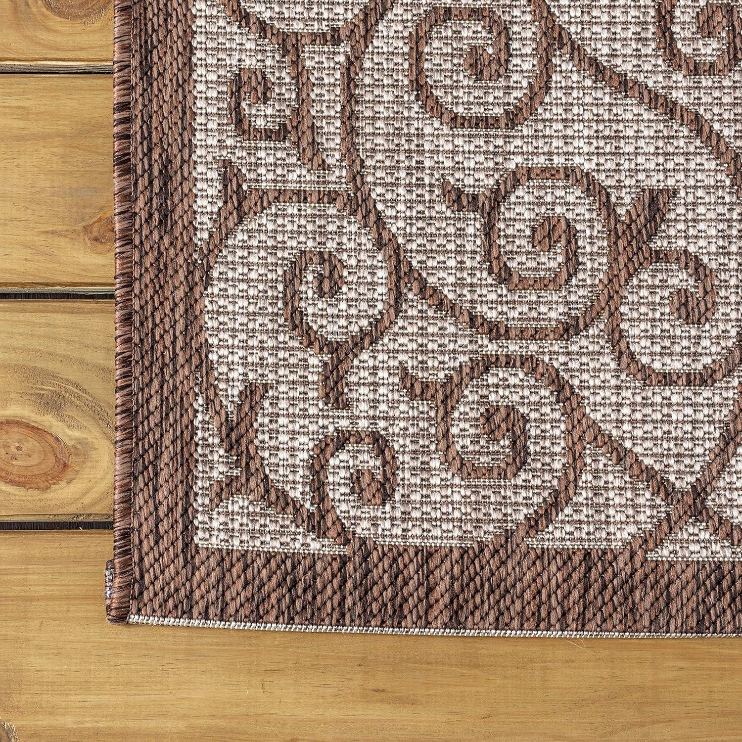 5' Round Madrid Vintage Filigree Textured Weave Indoor/Outdoor Area Rug, Taupe/Espresso - JONATHAN Y