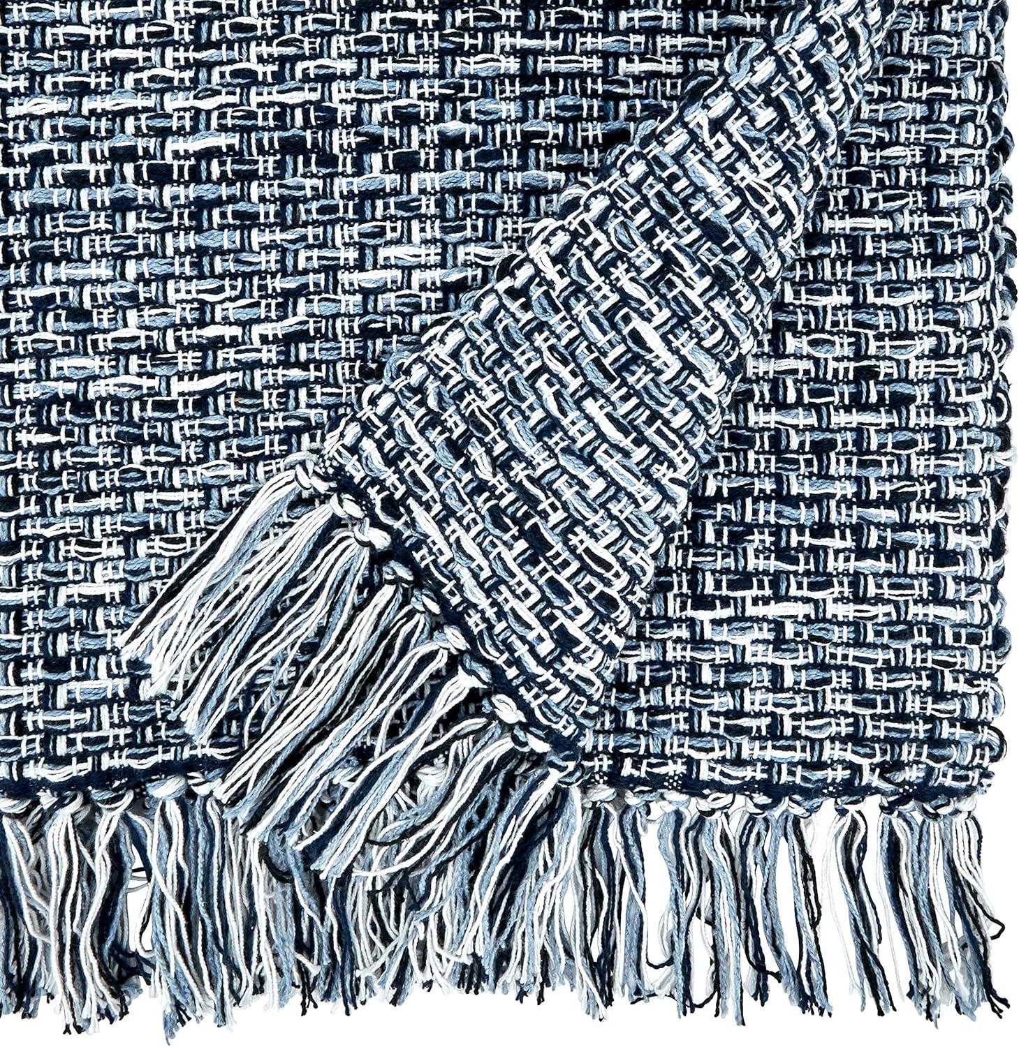 Navy Blue Woven Cotton Table Runner with Tassels, 16" x 72"