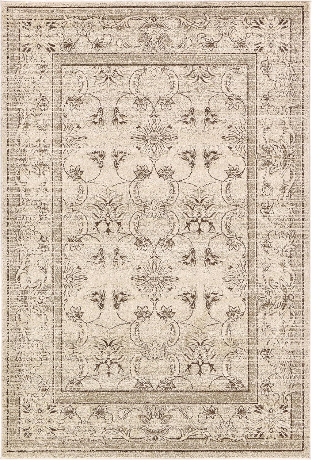 Ivory and Brown Floral Easy-Care Synthetic Area Rug, 6' x 9'