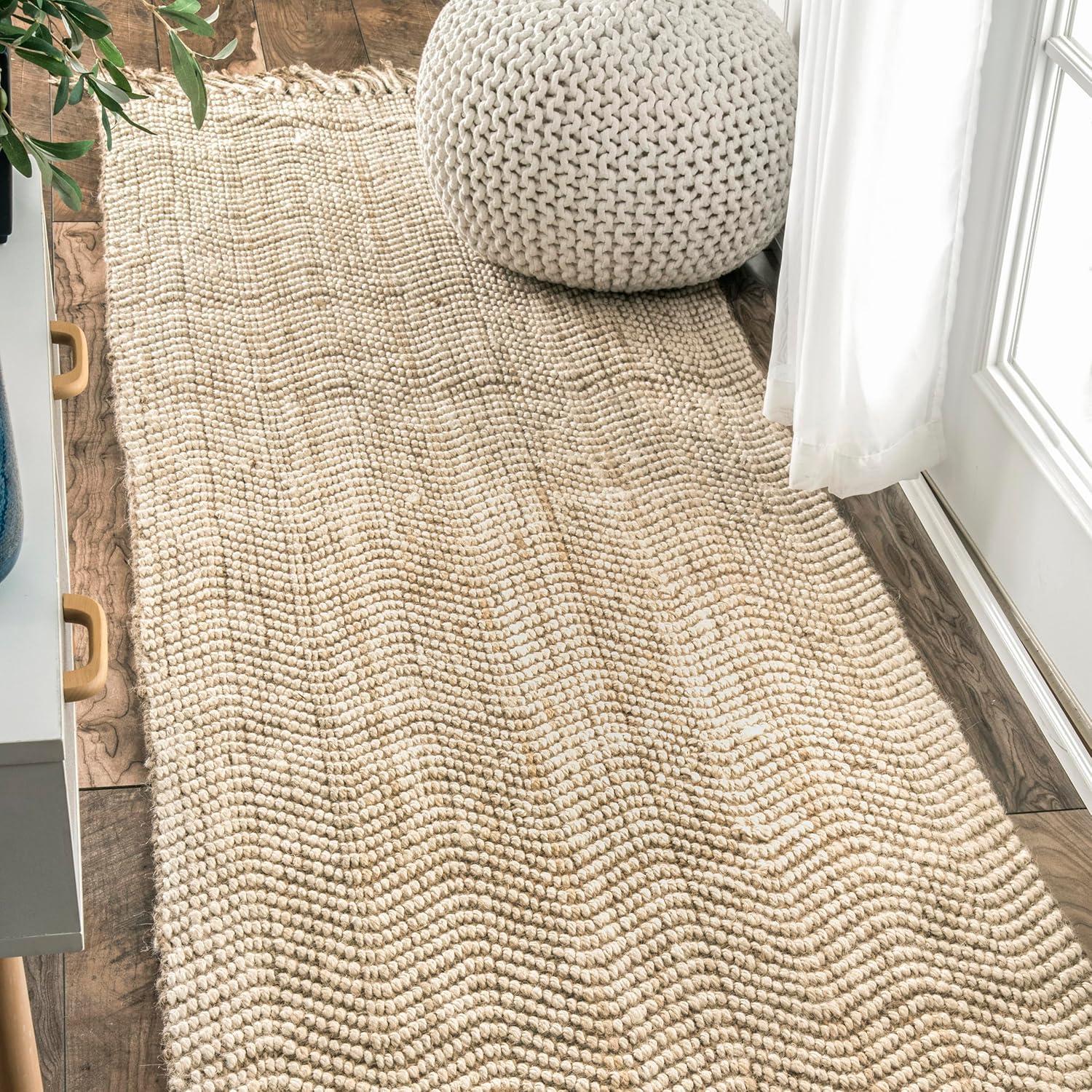 Nuloom Don Solid 6x9 Jute Area Rug for Dining Room Rug Neutral Rug Living Room Rug Kitchen, Natural/White