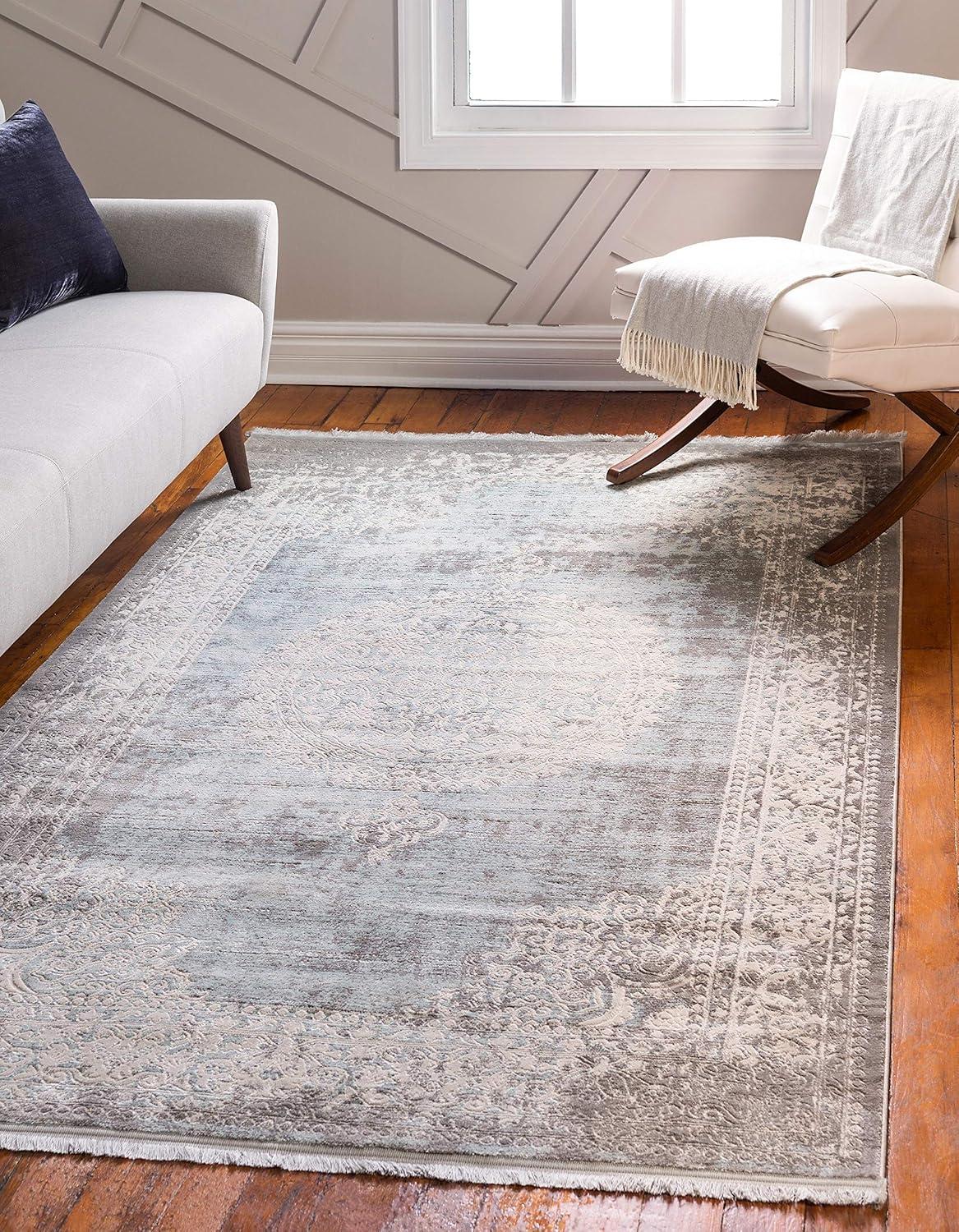 Abstract Light Blue Synthetic Rectangular Easy-Care Rug