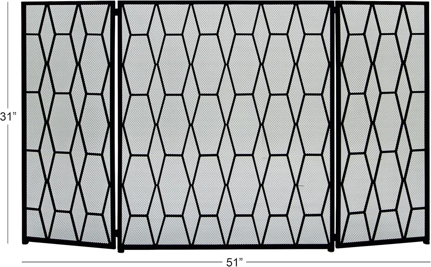 DecMode 51" x 31" Black Metal Foldable 3 Panel Geometric Fireplace Screen with Mesh Netting, 1-Piece