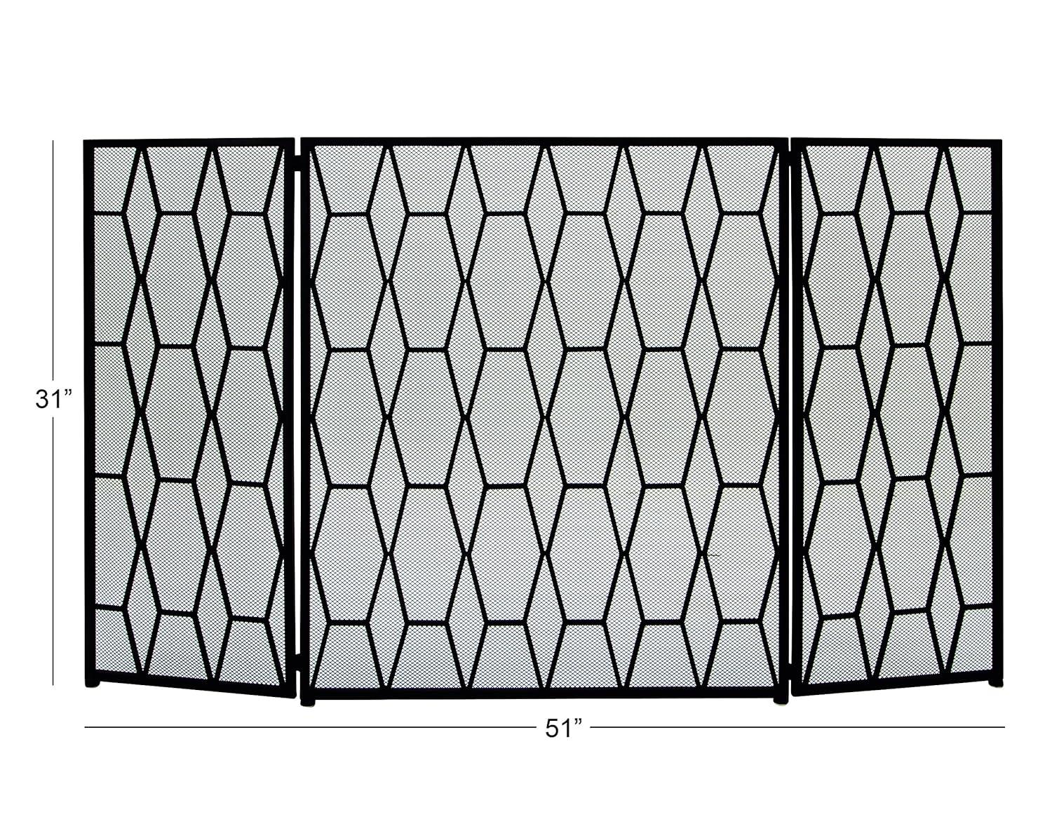 DecMode 51" x 31" Black Metal Foldable 3 Panel Geometric Fireplace Screen with Mesh Netting, 1-Piece