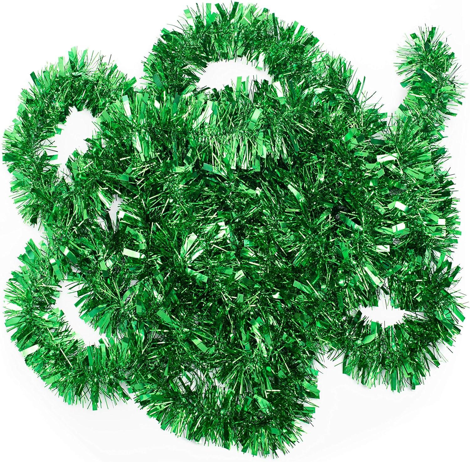 25 ft Long Roll Green Tinsel Twist Garland, Shiny Metallic Foil decorations for Parade Floats, Halloween, Christmas Eve, New Year Parties (4" x 25' roll, Green)