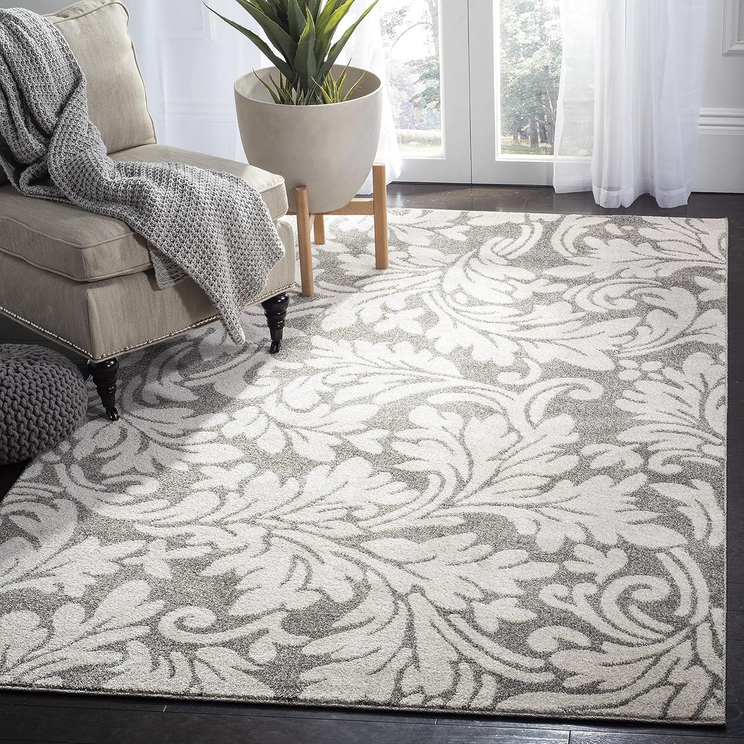 Dark Grey and Beige Floral Synthetic Area Rug