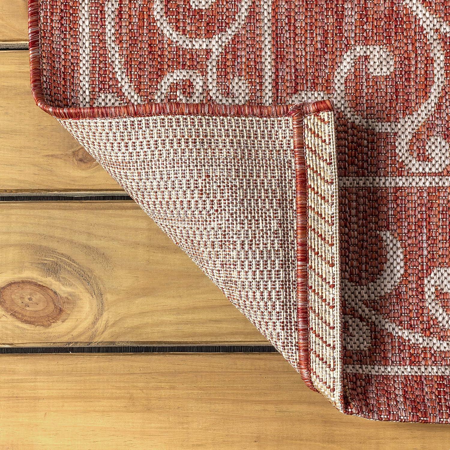 5' Round Charleston Vintage Filigree Textured Weave Indoor/Outdoor Area Rug, Red/Beige - JONATHAN Y