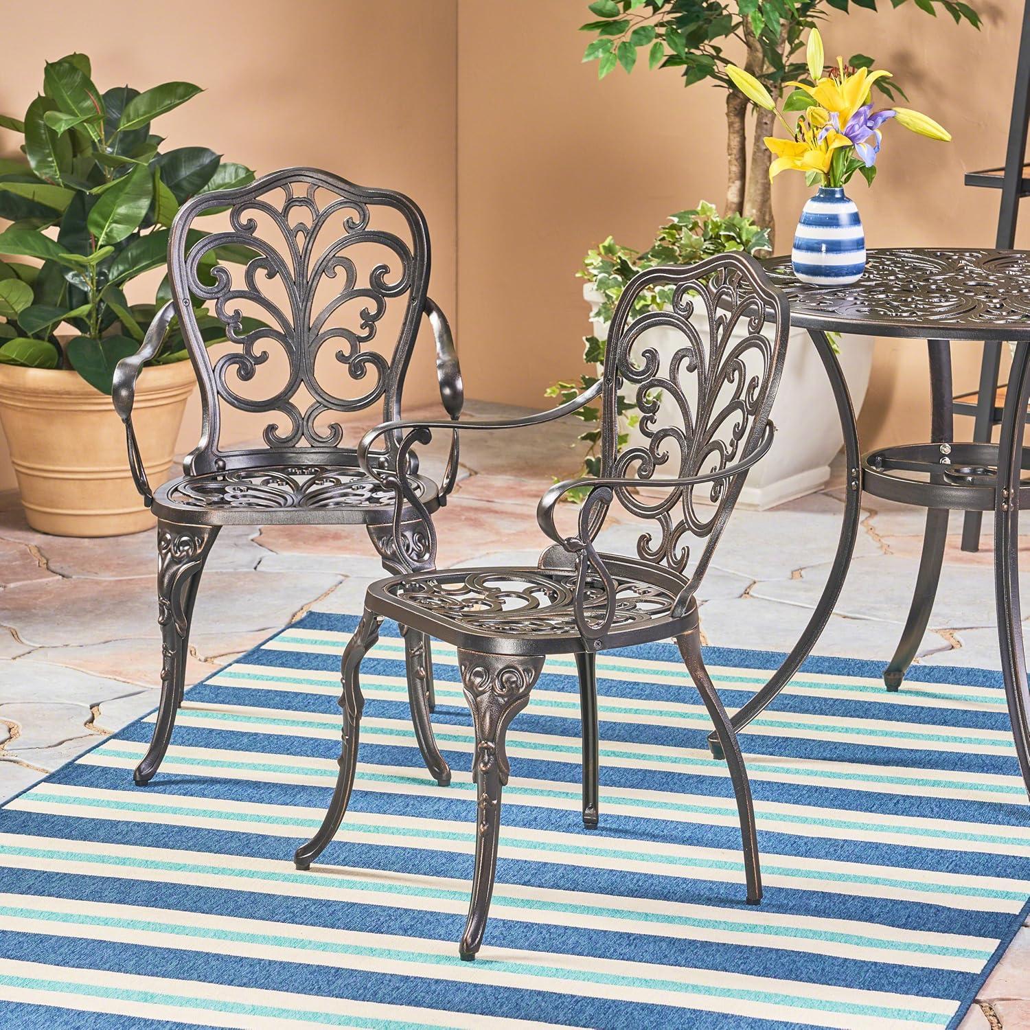 Deka Outdoor Cast Aluminum Dining Chairs, Set of 2, Shiny Copper