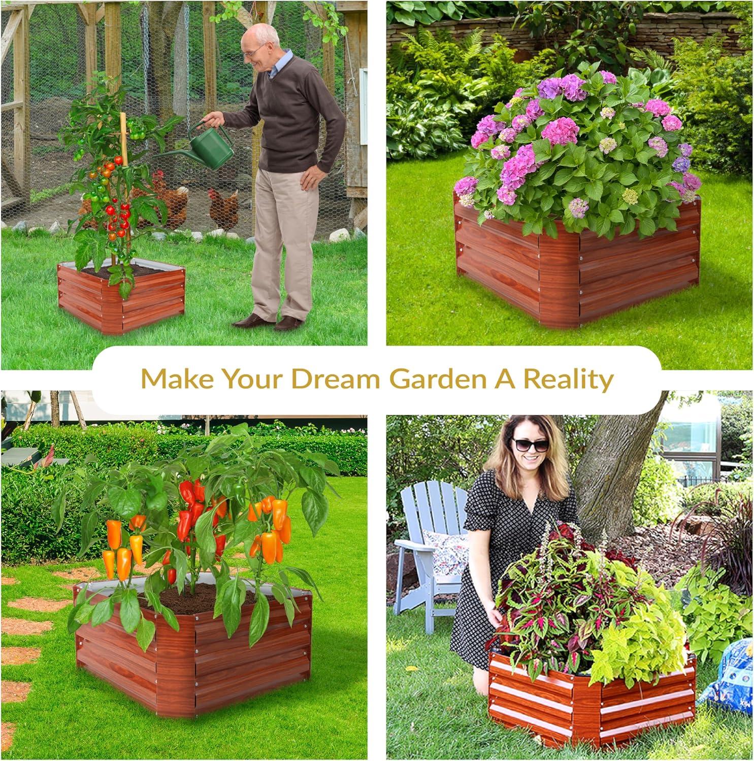 Sunnydaze Raised Hot Dip Galvanized Steel Garden Bed Planter for Plants, Vegetables, and Flowers - 24" Square x 12" Deep - Brown