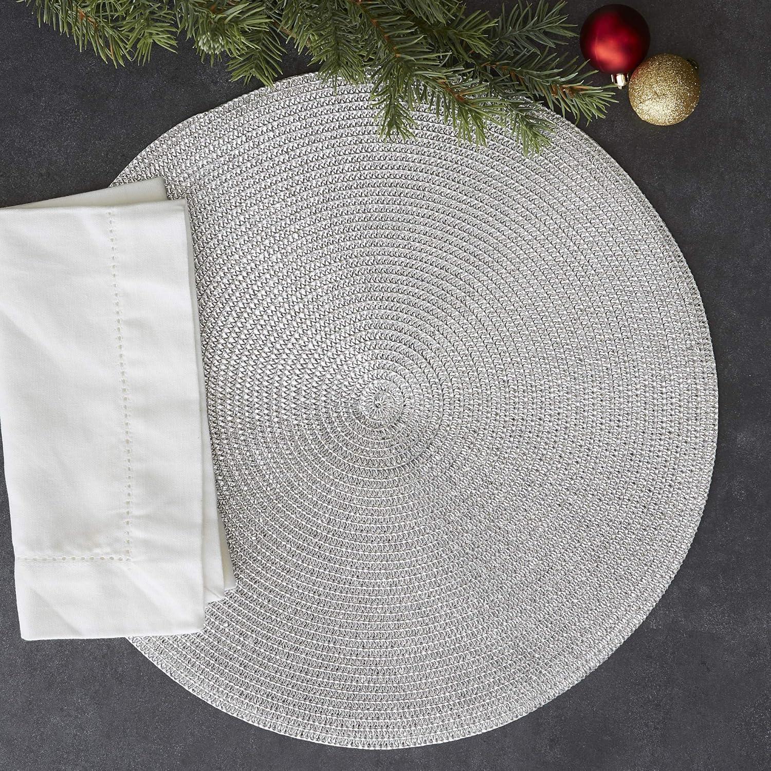 Metallic Silver Round Polypropylene Woven Placemat (Set of 6)