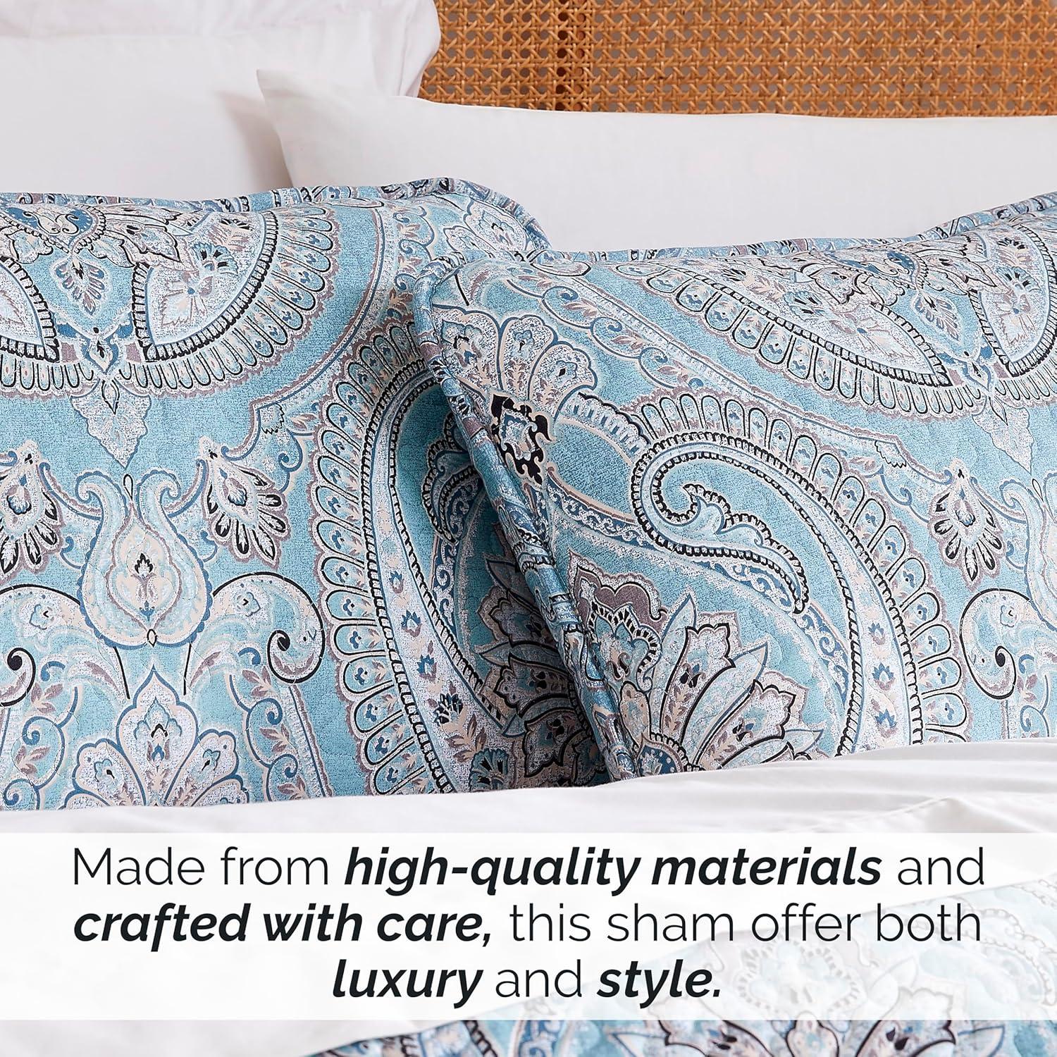 Southshore Fine Living, Inc. Paisley Boho Throw Pillow Covers 20"x26", Quilted Pillow Shams Standard Size Set of 2, Fit Queen or Full Pillows, Complements Boho Bedroom Decor, Aqua Paisley
