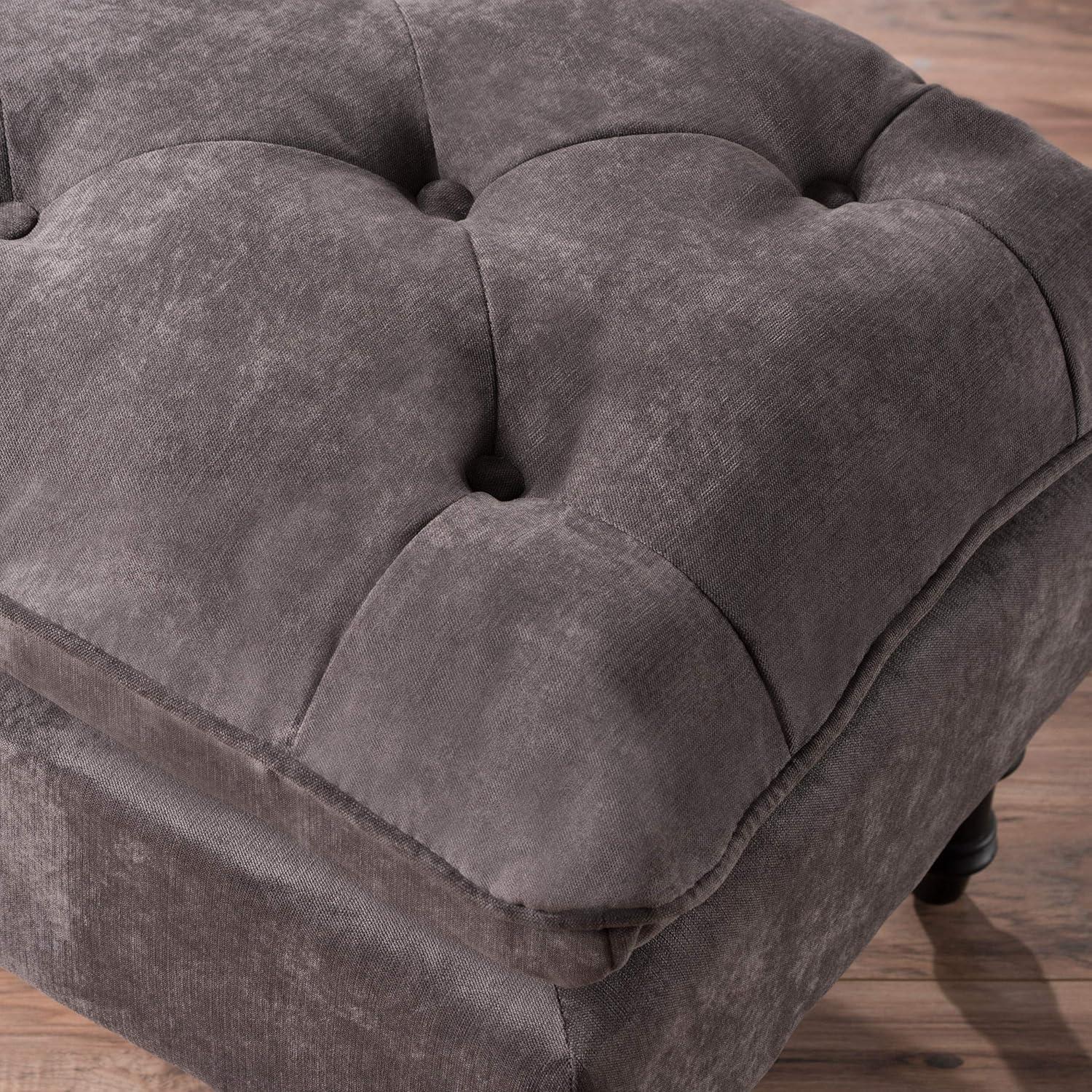 Cordoba Grey Fabric Button Tufted Ottoman with Espresso Legs