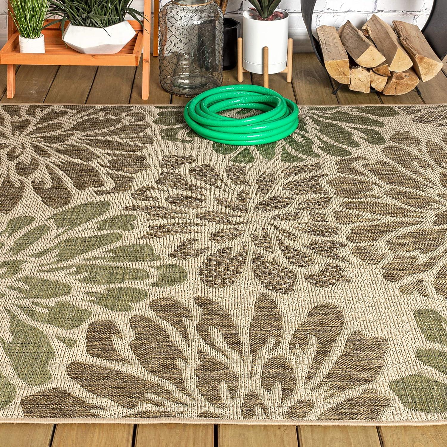 3'x5' Zinnia Modern Floral Textured Weave Indoor/Outdoor Area Rug, Sage/Brown - JONATHAN Y